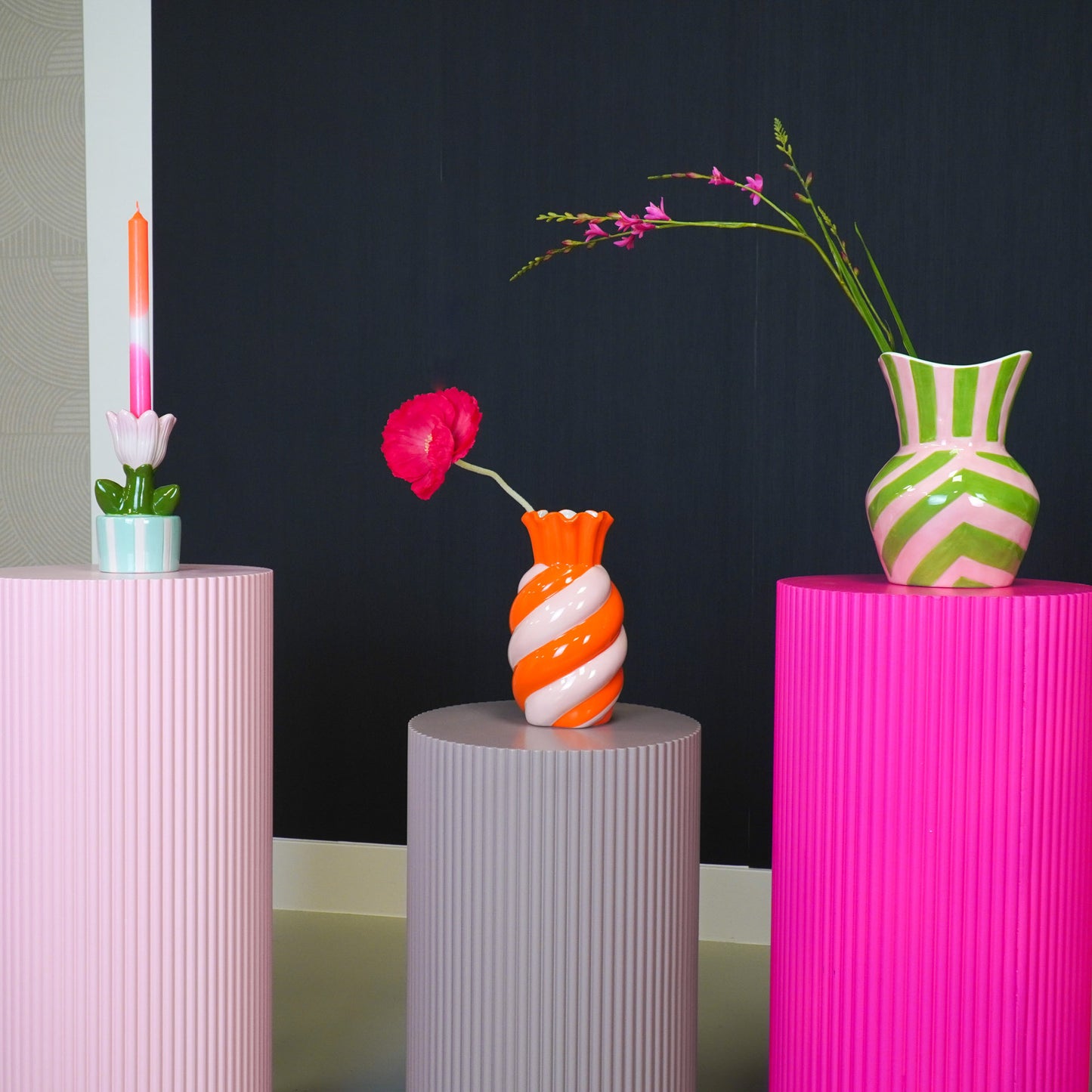 Kaarshouder- Kandelaar Tulp- Dolomiet- Mint/ Licht Roze- 9x8,5x17,5cm