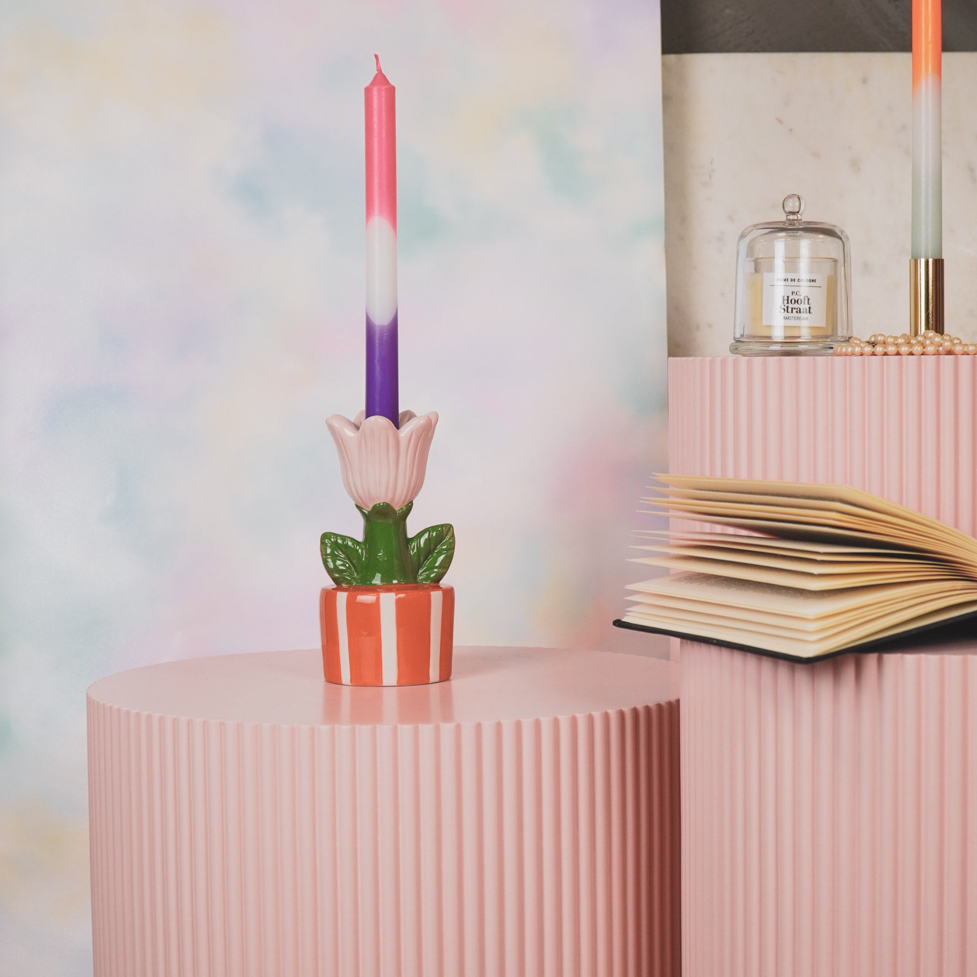 Kaarshouder- Kandelaar Tulp- Dolomiet-Oranje/ Roze- 9x8,5x17,5cm