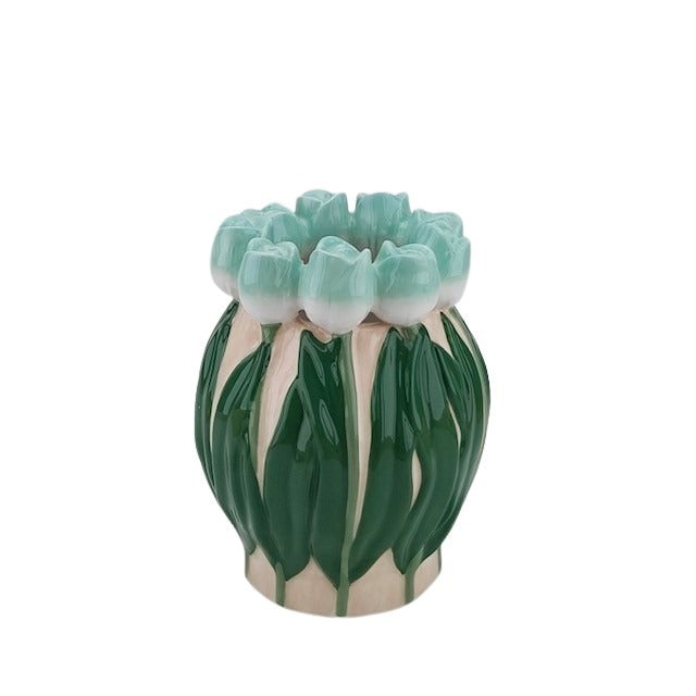 Vaas- Bloemen Vaas met Tulpen -Dolomiet - Mint/ Groen- 14x14x18cm