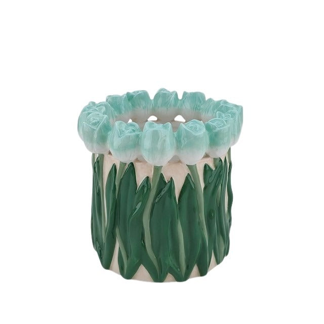Vaas- Bloemen Vaas met Tulpen - Dolomiet - Mint/ Groen- 17x17x16cm