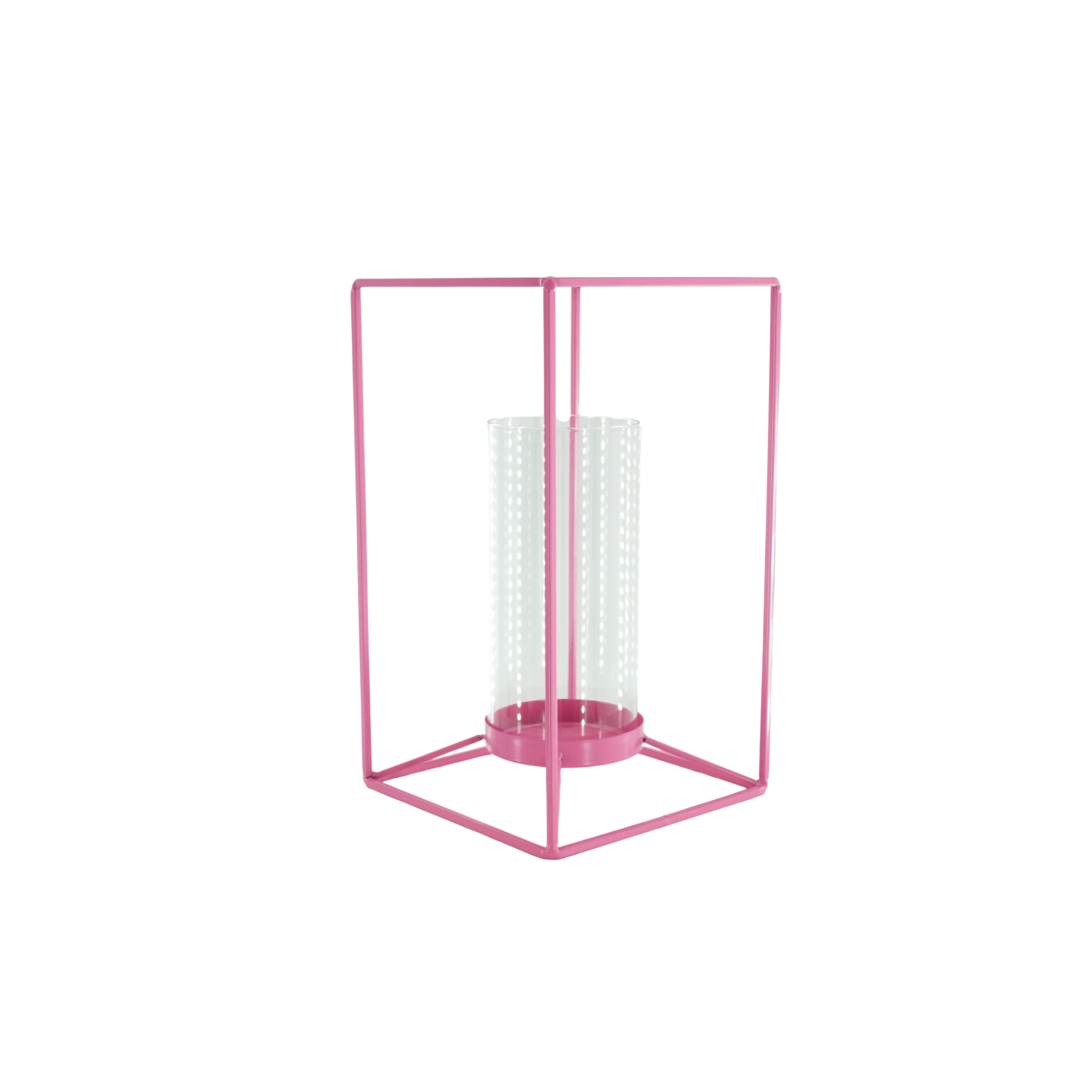 Windlicht - Metaal/Glas - Fluor Roze- 14,5x14,5x25cm
