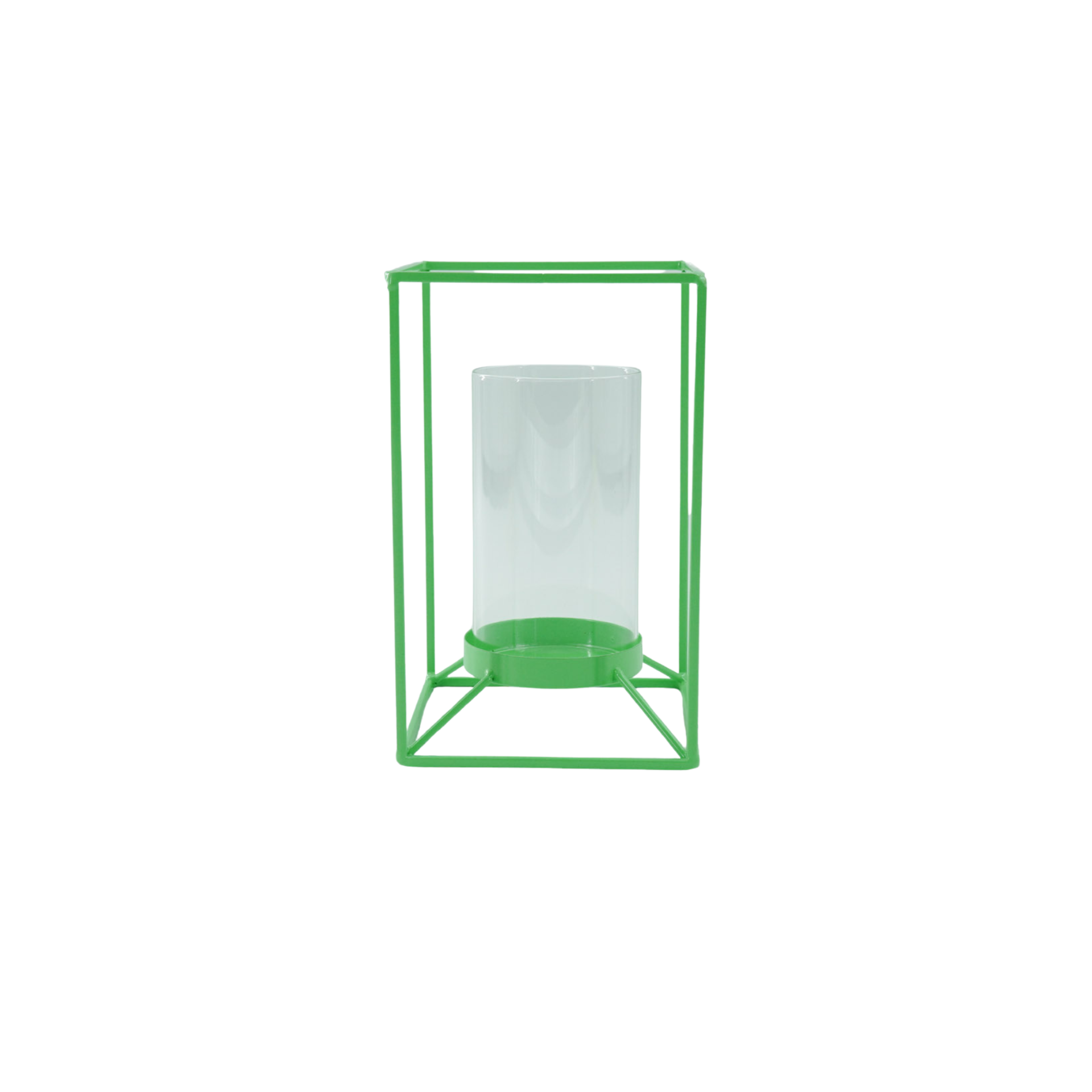 Kaarshouder- Windlicht - Metaal/Glas - Fluor Groen - 12,5x12,5x20cm