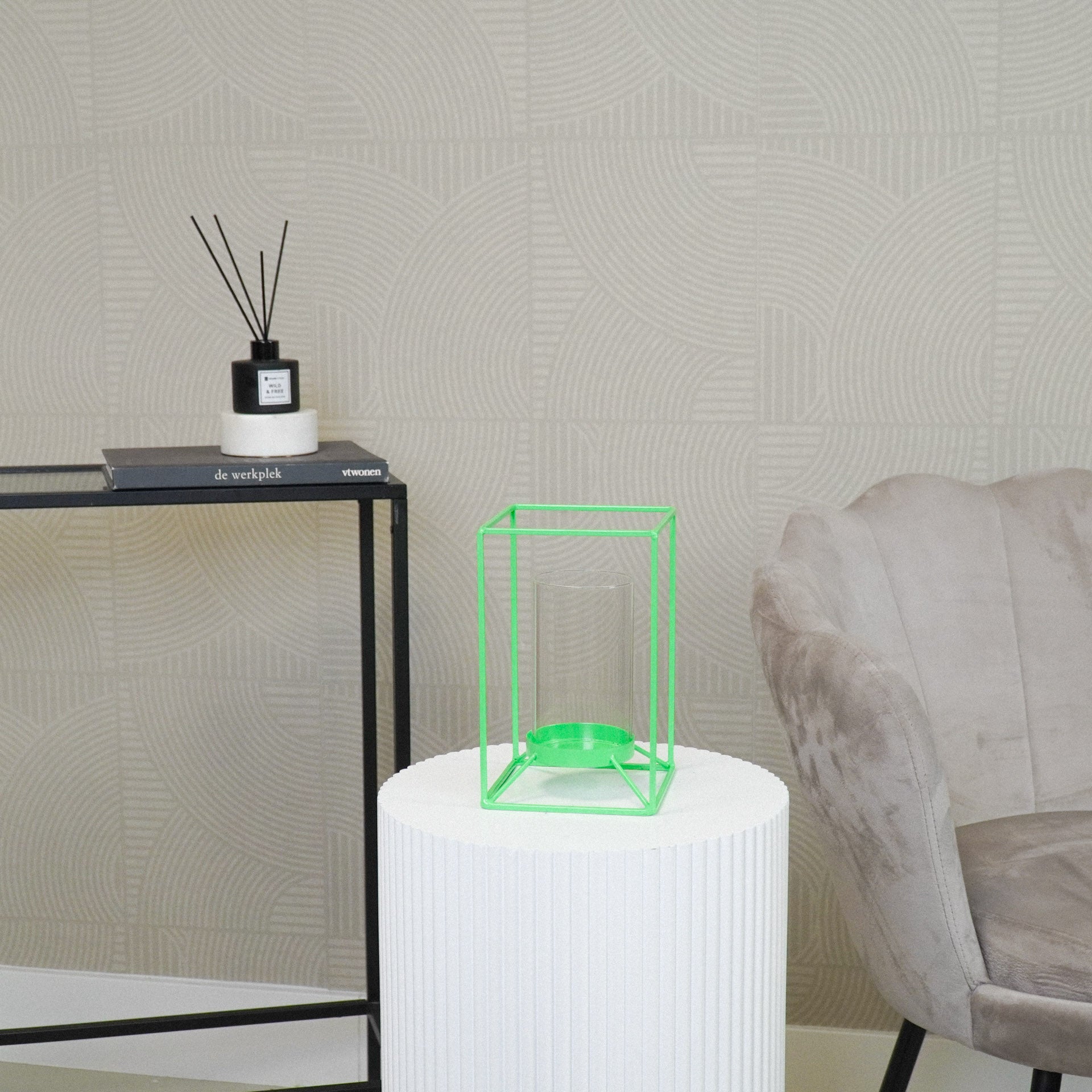 Kaarshouder- Windlicht - Metaal/Glas - Fluor Groen - 12,5x12,5x20cm