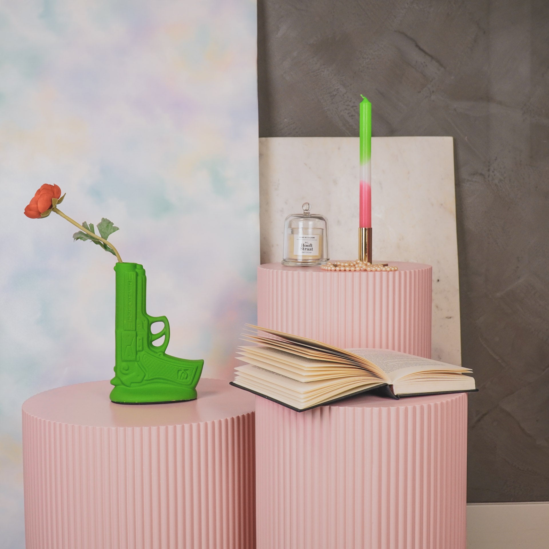 Kaarsen -Dipdye Dinerkaars- Neon Groen/Wit/Roze - S4 - 2,1x25 cm