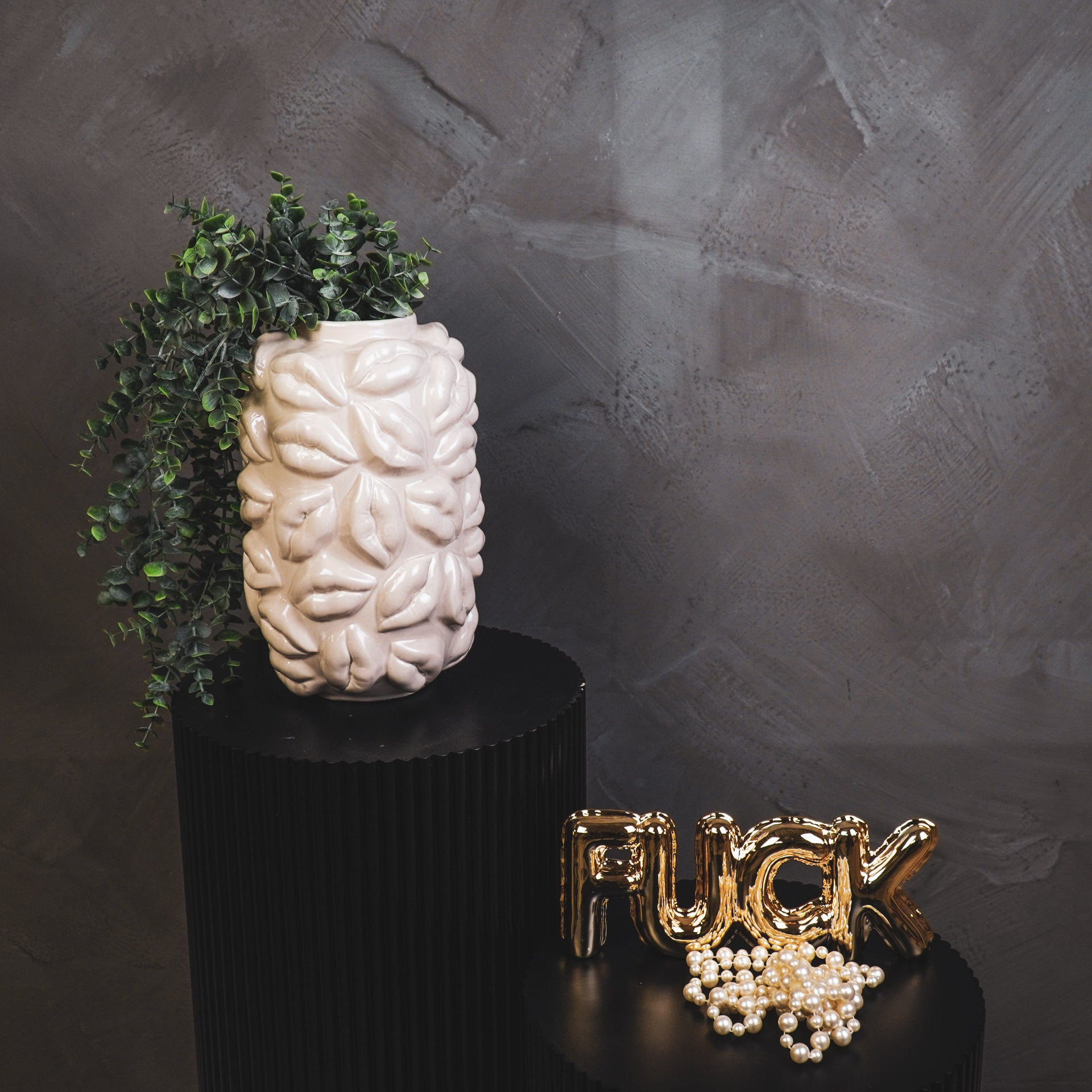 Vaas - Bloemenvaas Lippen - Keramiek - Zand - 17x17x27cm