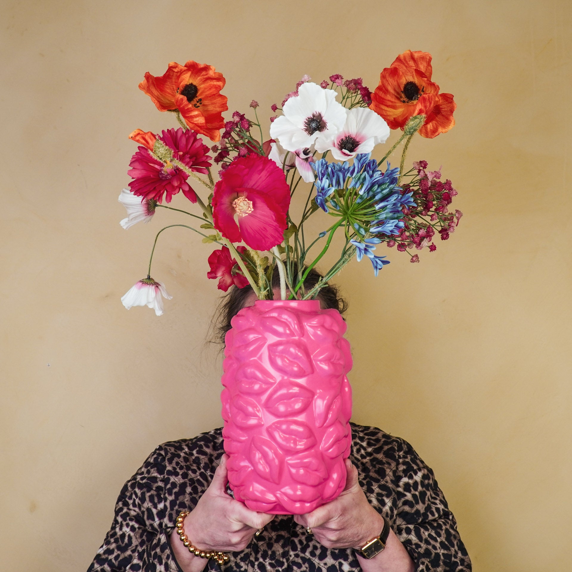 Vaas - Bloemenvaas Lippen - Keramiek - Fluor Roze - 17x17x27cm