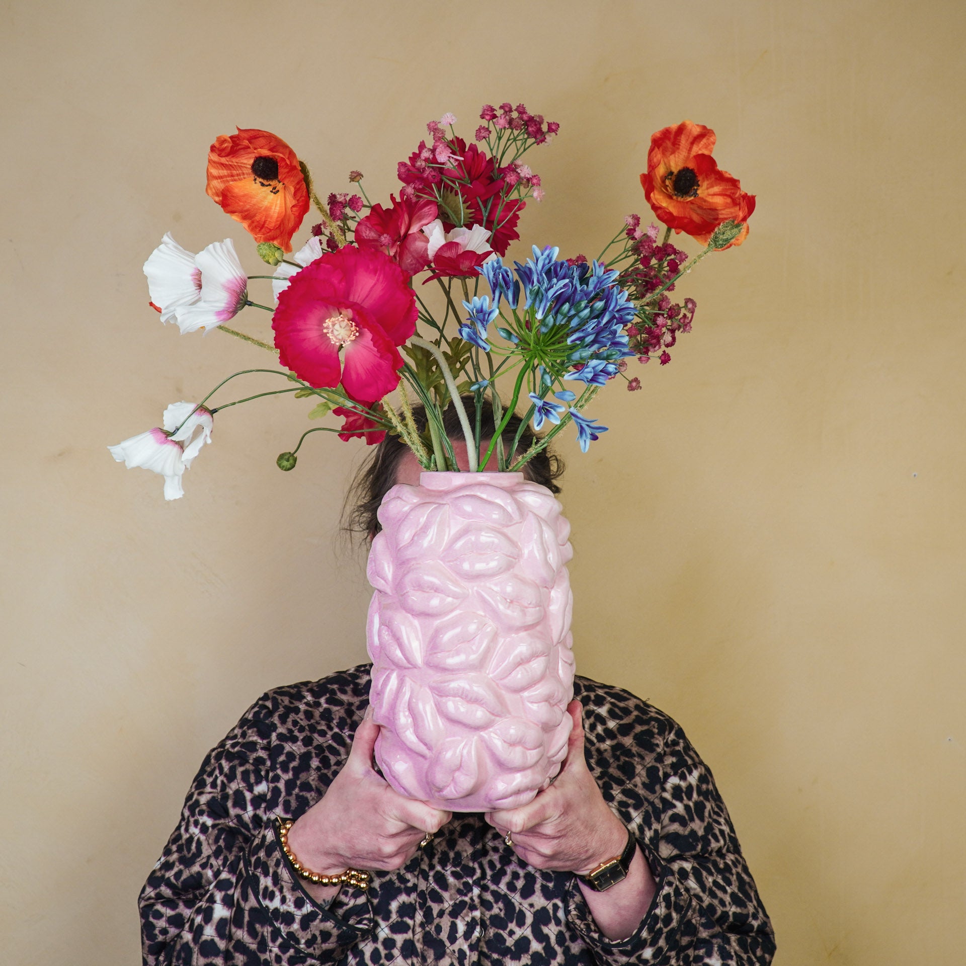 Vaas - Bloemenvaas Lippen- Keramiek - Licht Roze - 17x17x27cm