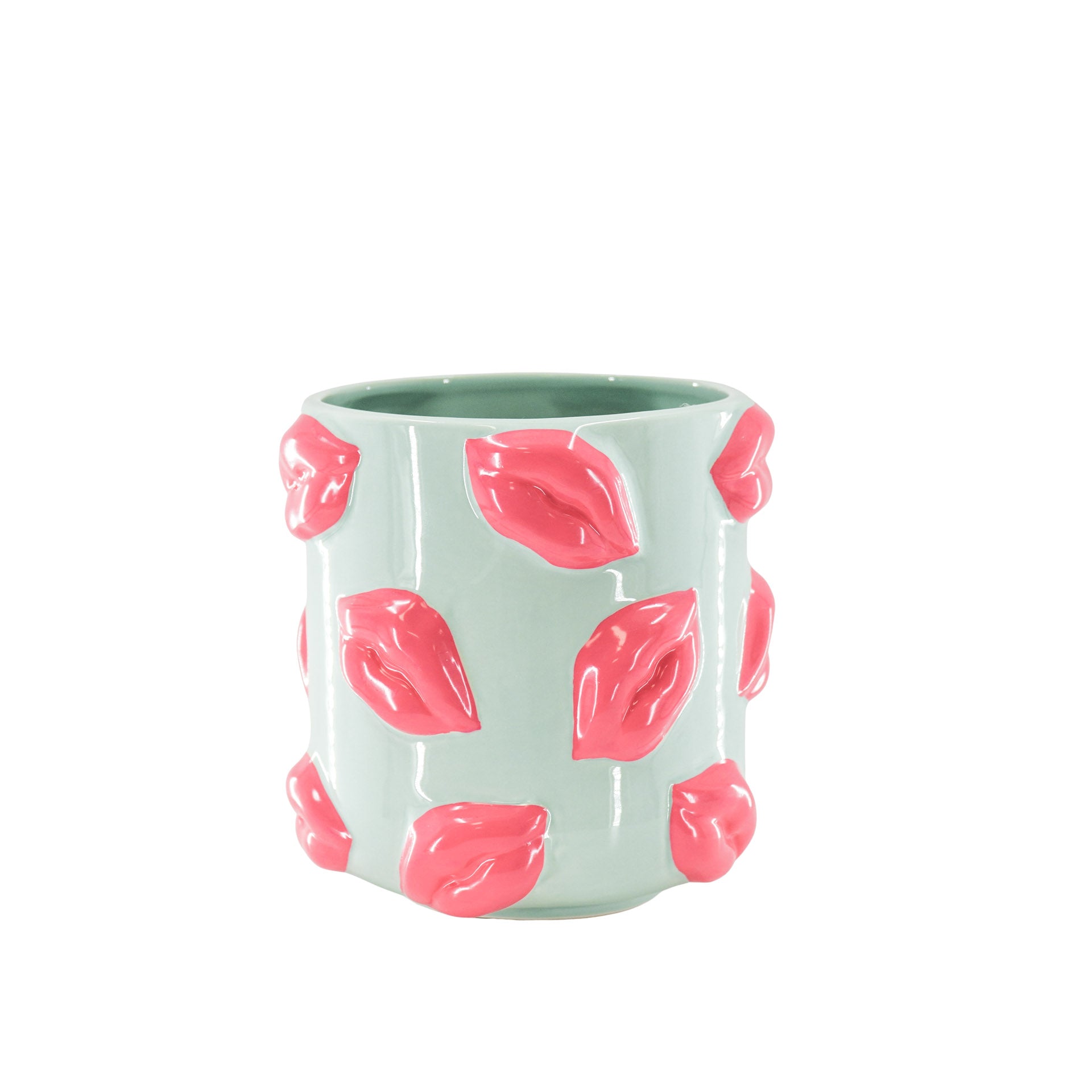 Pot - Planten Pot Lippen - Keramiek - Mint Groen /Fluor Roze - 17,5x17,5x17,5cm