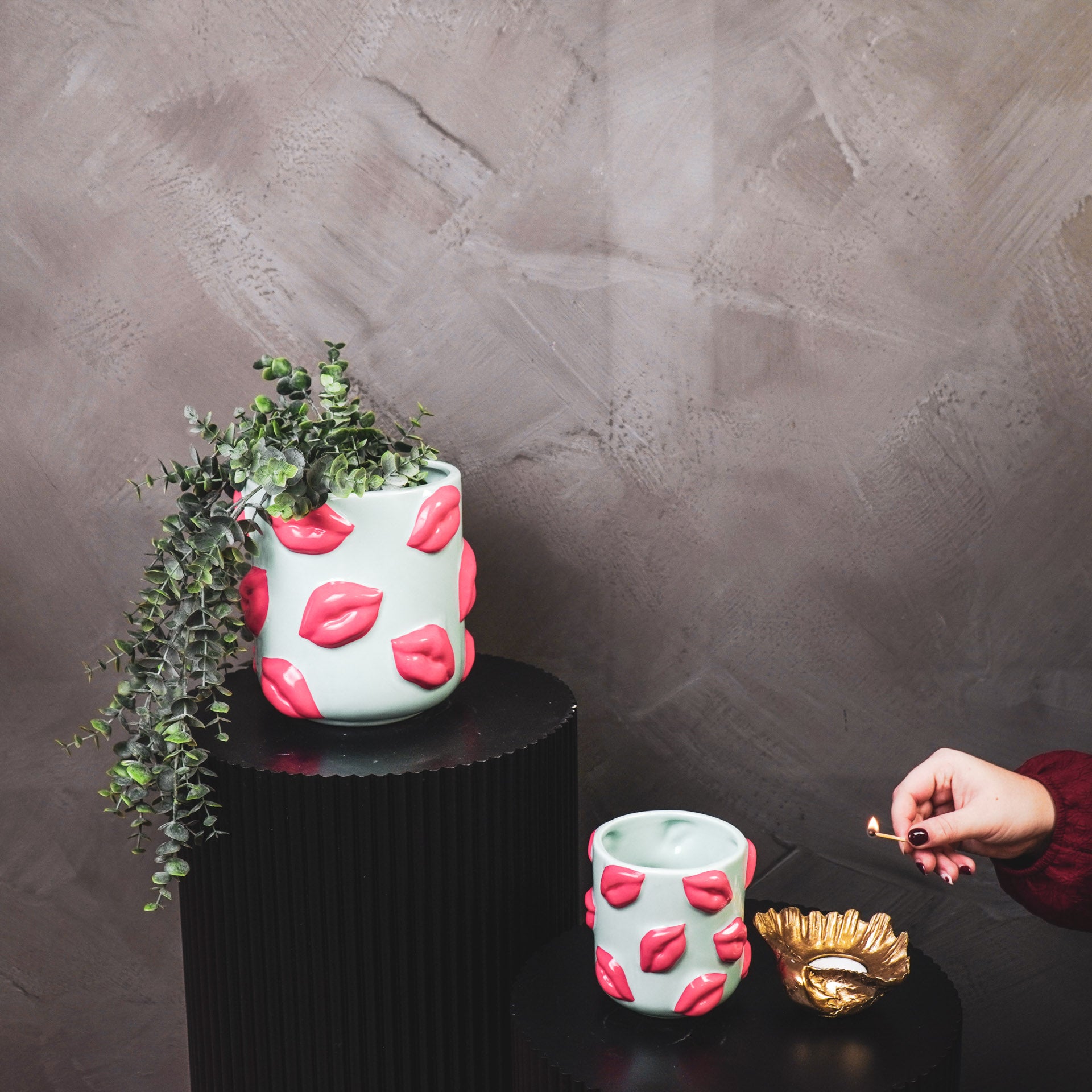 Pot - Planten Pot Lippen - Keramiek - Mint Groen /Fluor Roze - 17,5x17,5x17,5cm