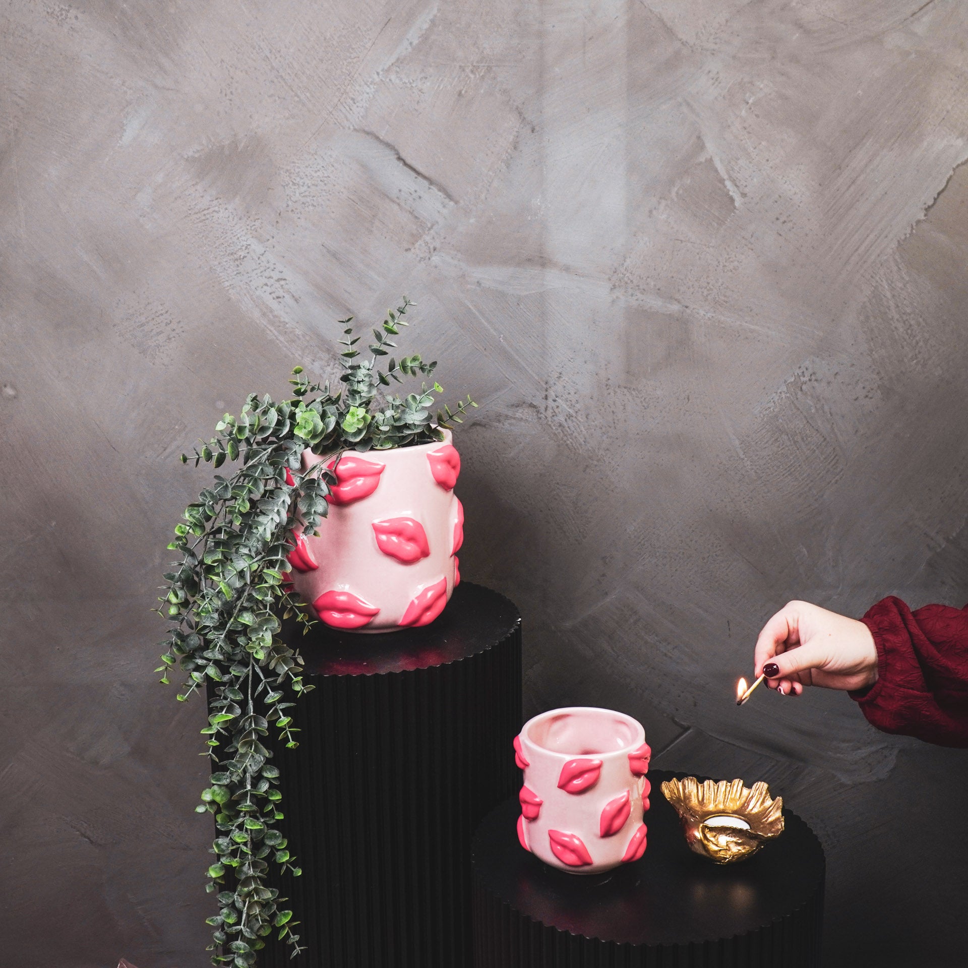 Pot - Planten Pot Lippen - Keramiek - Licht Roze/ Fluor roze - 11x11x11,5cm