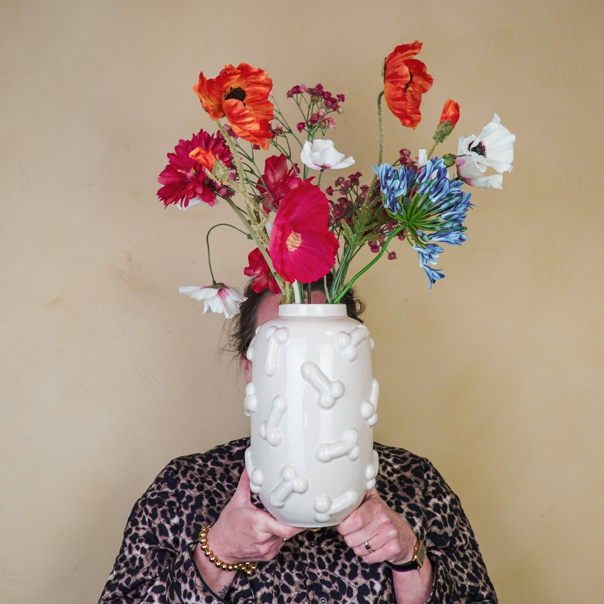 Vaas - Bloemenvaas - Piemels - Keramiek - Zand - 17x17x27cm