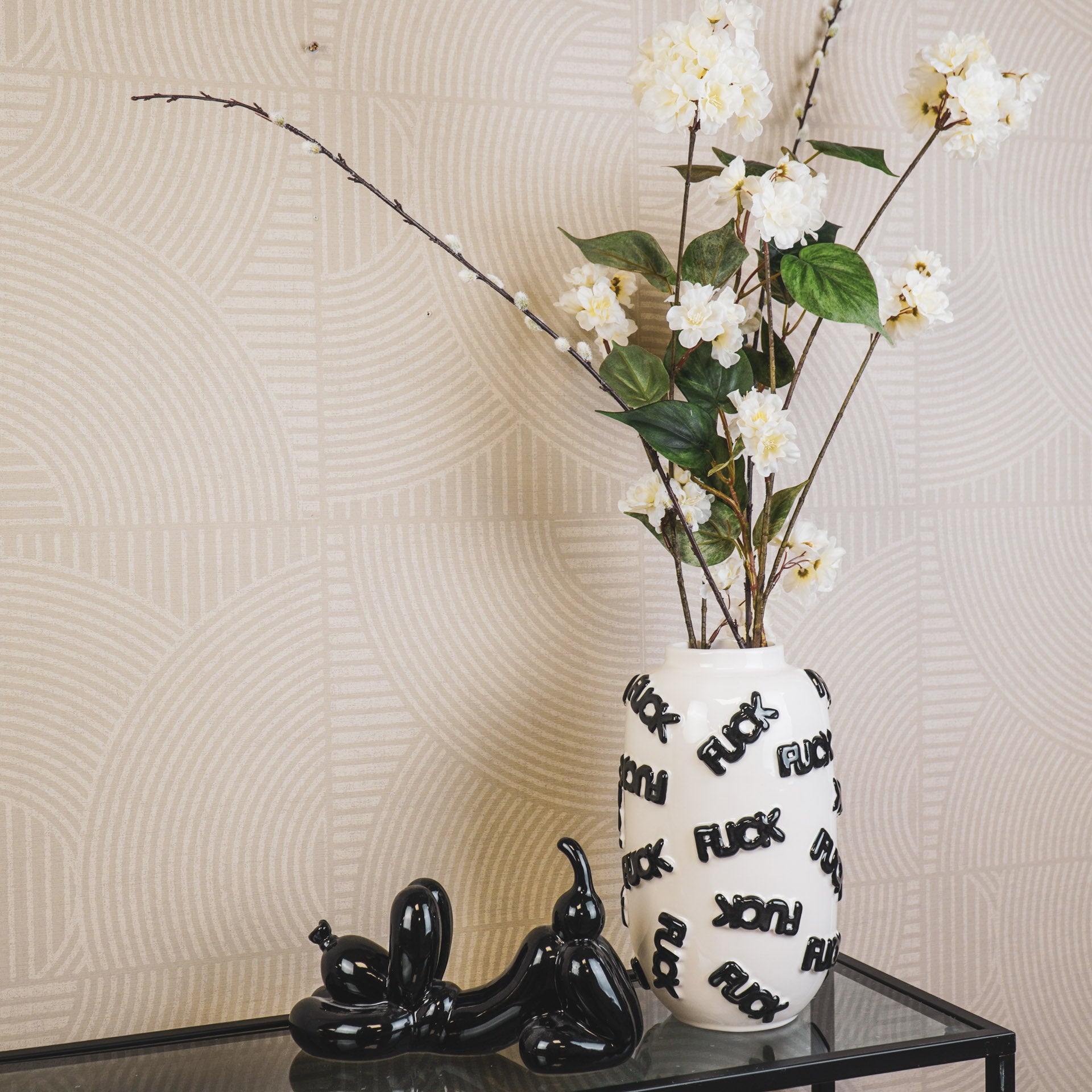 Vaas - Bloemen Vaas 'FUCK' - Keramiek - Wit/Zwart - 17x17x27cm