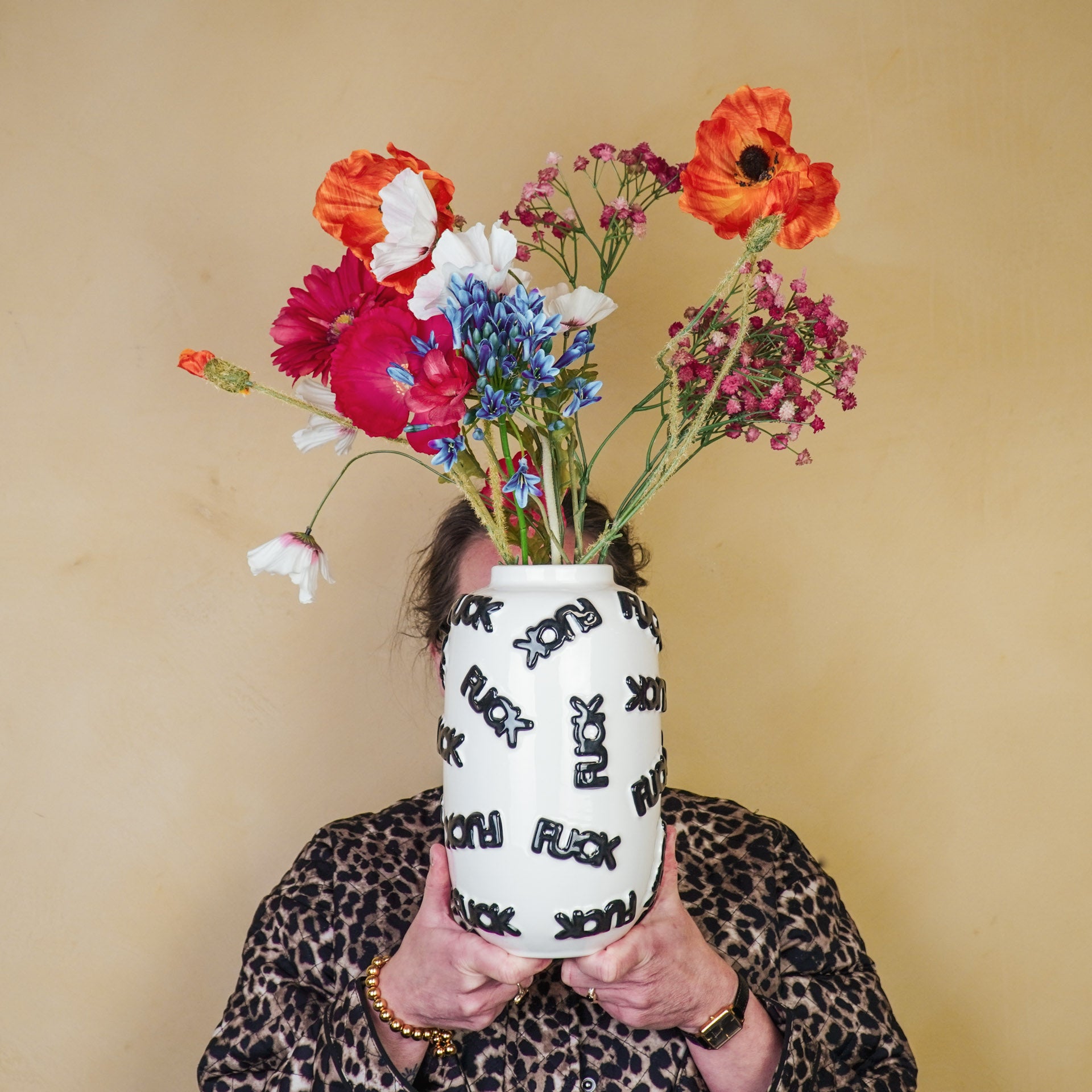 Vaas - Bloemen Vaas 'FUCK' - Keramiek - Wit/Zwart - 17x17x27cm