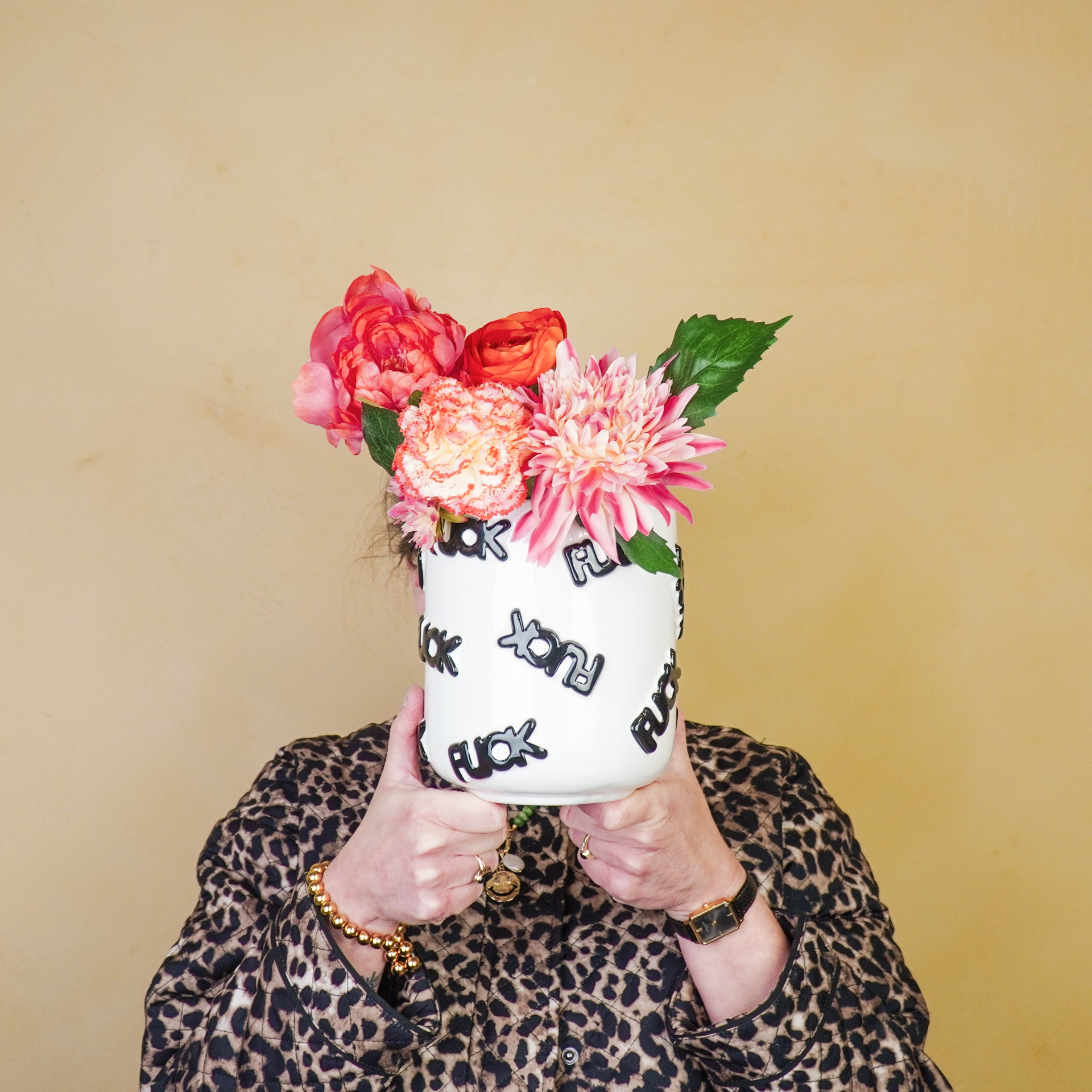 Pot - Planten Pot 'FUCK' - Keramiek - Zwart/Wit - 17,5x17,5x17,5cm