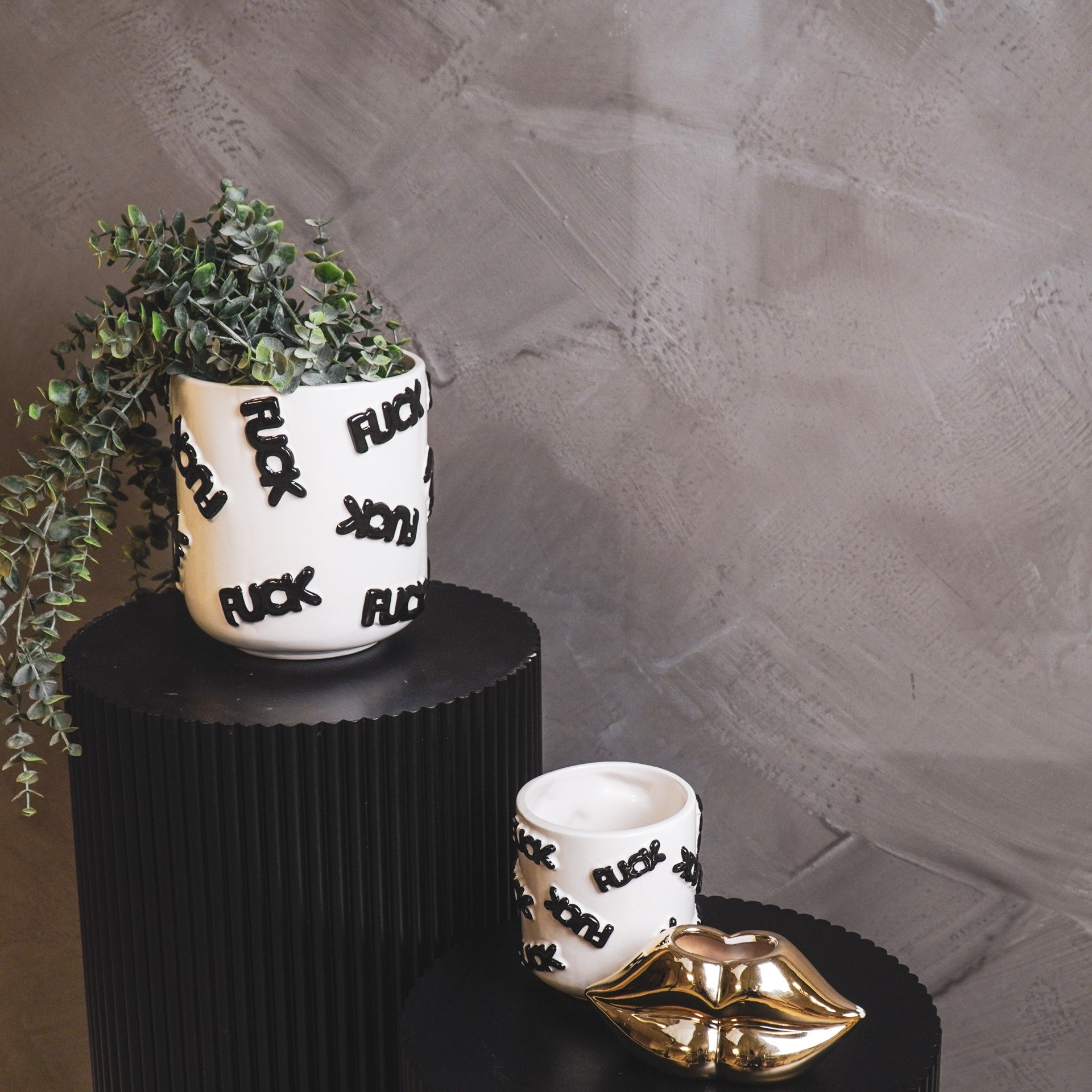 Pot - Planten Pot 'FUCK' - Keramiek - Zwart/Wit - 17,5x17,5x17,5cm