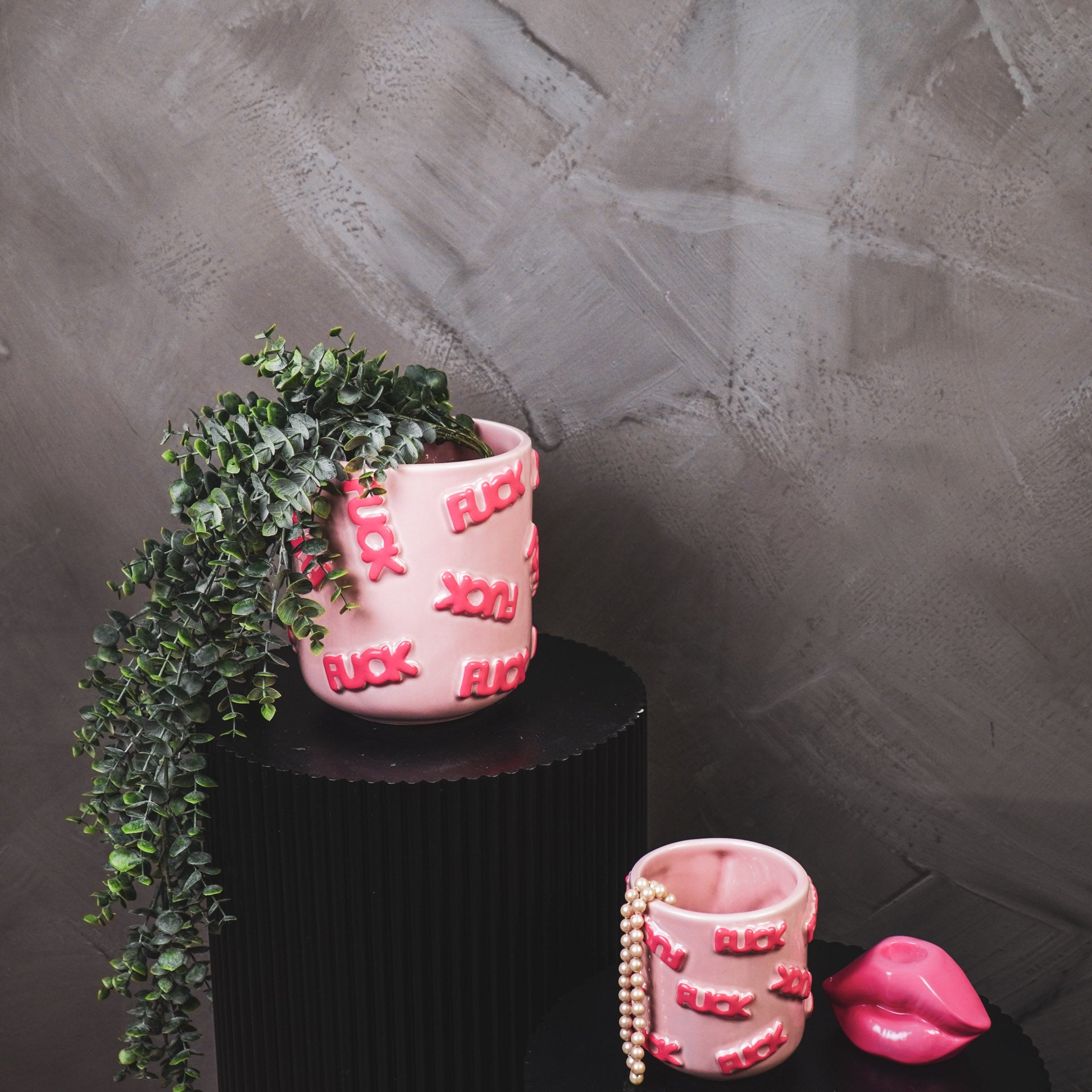 Pot - Planten Pot 'FUCK' - Keramiek - Licht Roze/ Fluor Roze - 17,5x17,5x17,5cm