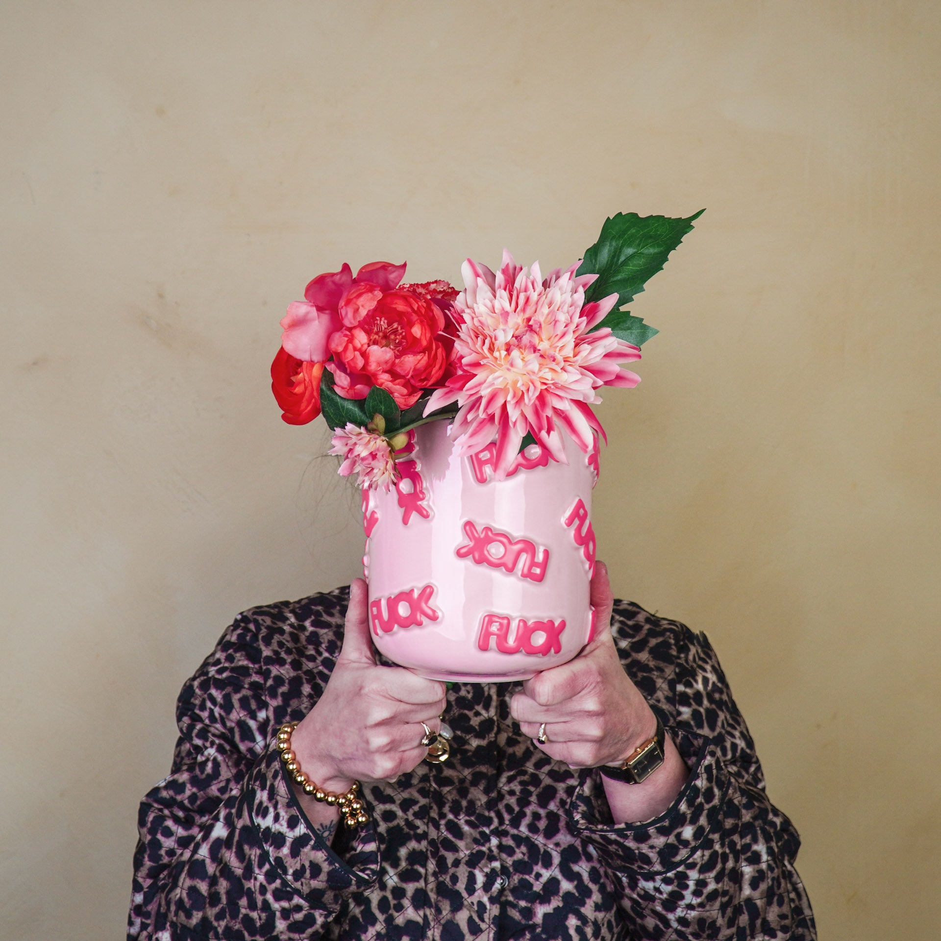 Pot - Planten Pot 'FUCK' - Keramiek - Licht Roze/ Fluor Roze - 17,5x17,5x17,5cm