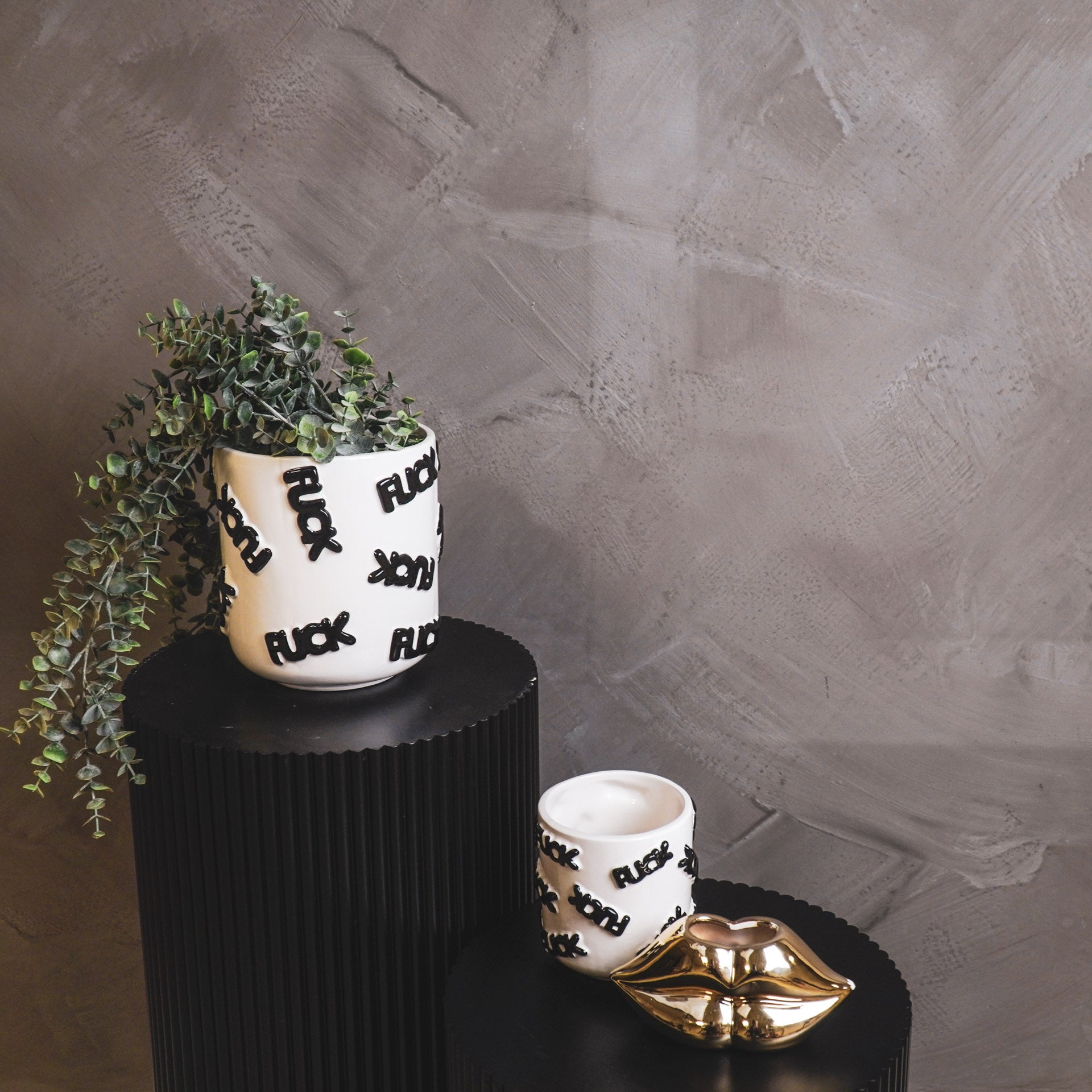 Pot - Planten Pot 'FUCK' - Keramiek - Zwart/Wit - 11x11x11,5cm