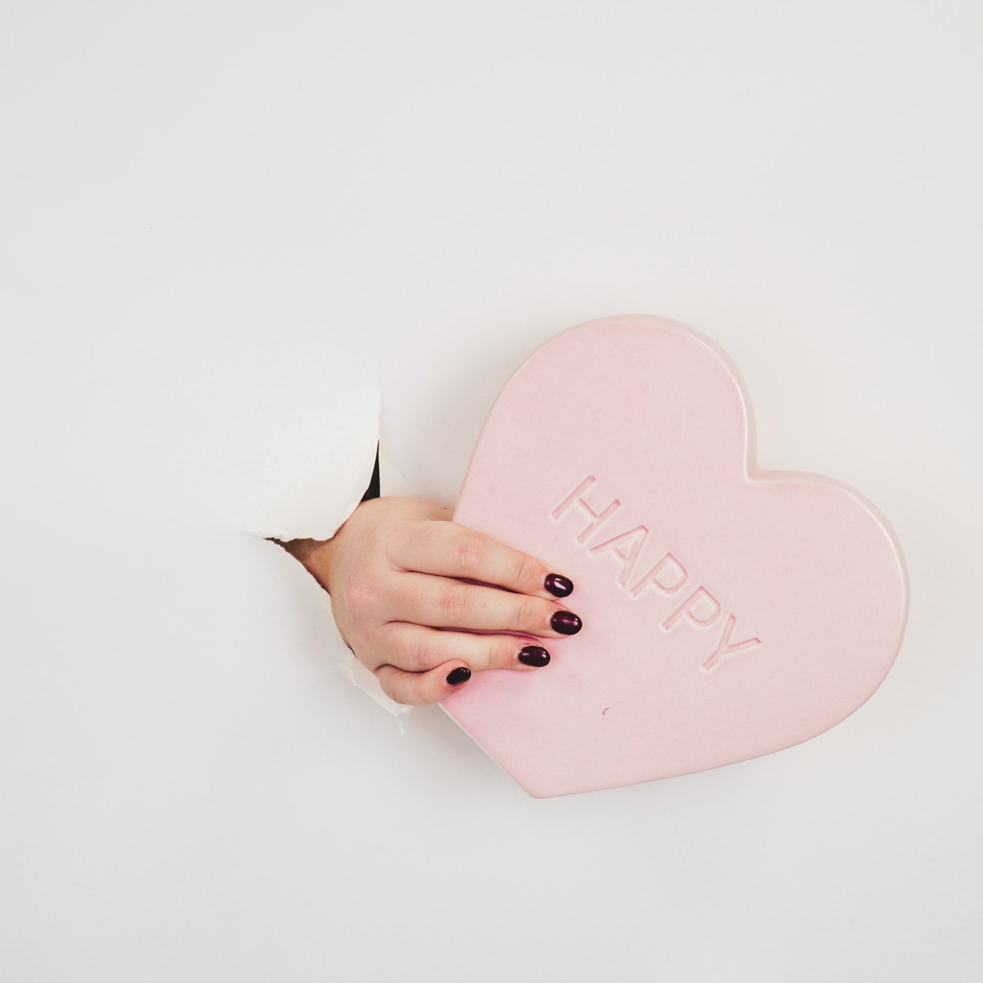Ornament- Snoephart Beeld 'HAPPY'- Keramiek- Licht Roze- 20x4x18,5cm