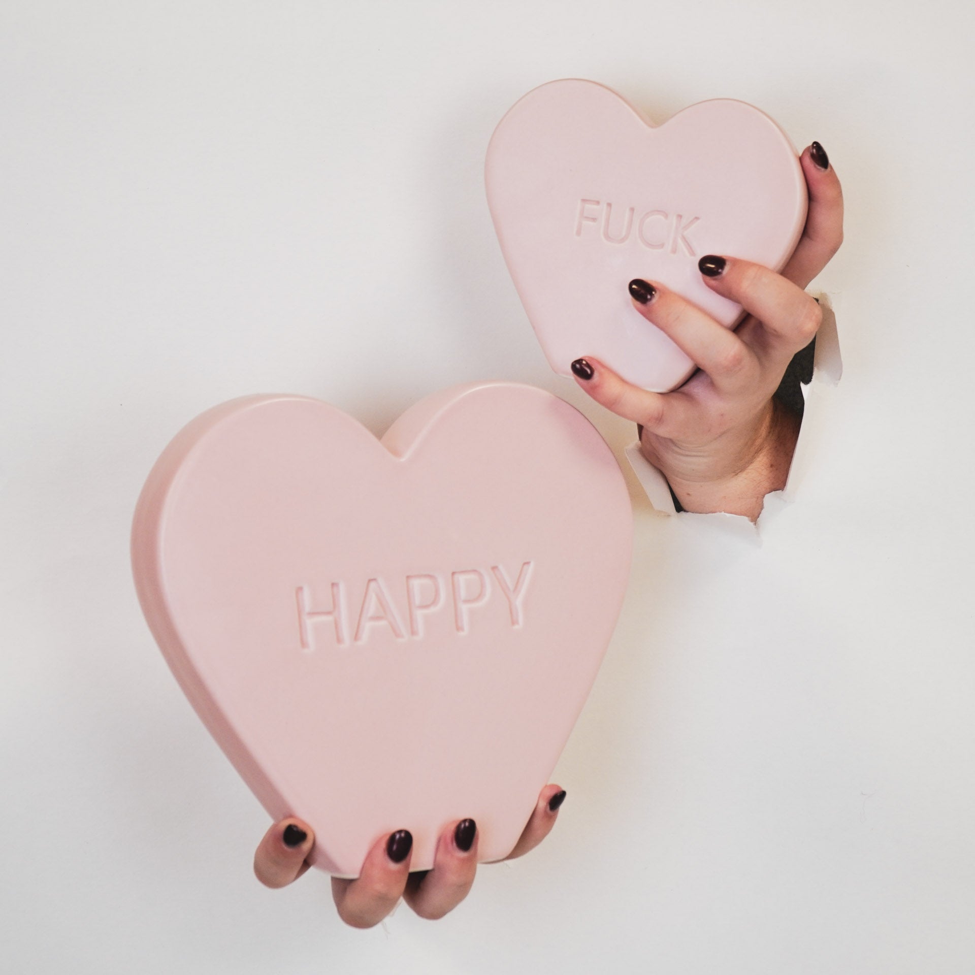 Ornament- Snoephart Beeld 'HAPPY'- Keramiek- Licht Roze- 20x4x18,5cm