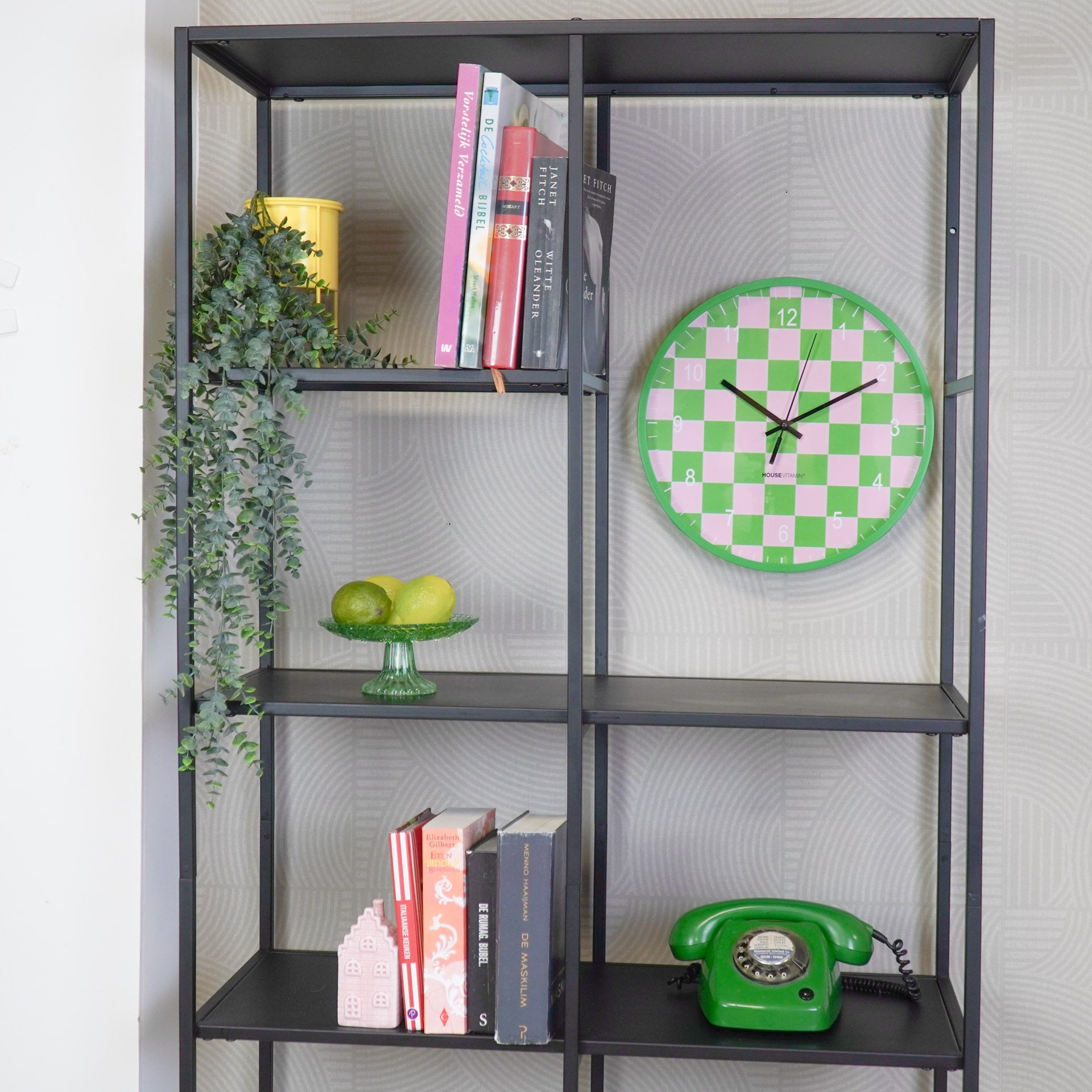 Klok - Wandklok - Geblokt Patroon - Groen/Roze - 34x4x34cm