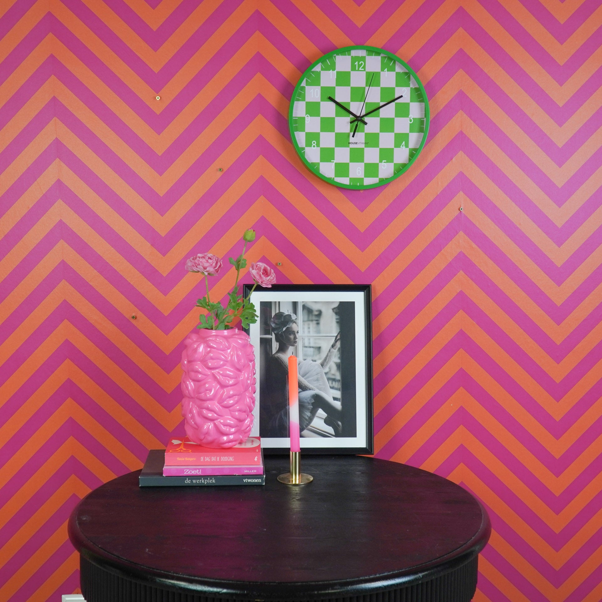 Klok - Wandklok - Geblokt Patroon - Groen/Roze - 34x4x34cm
