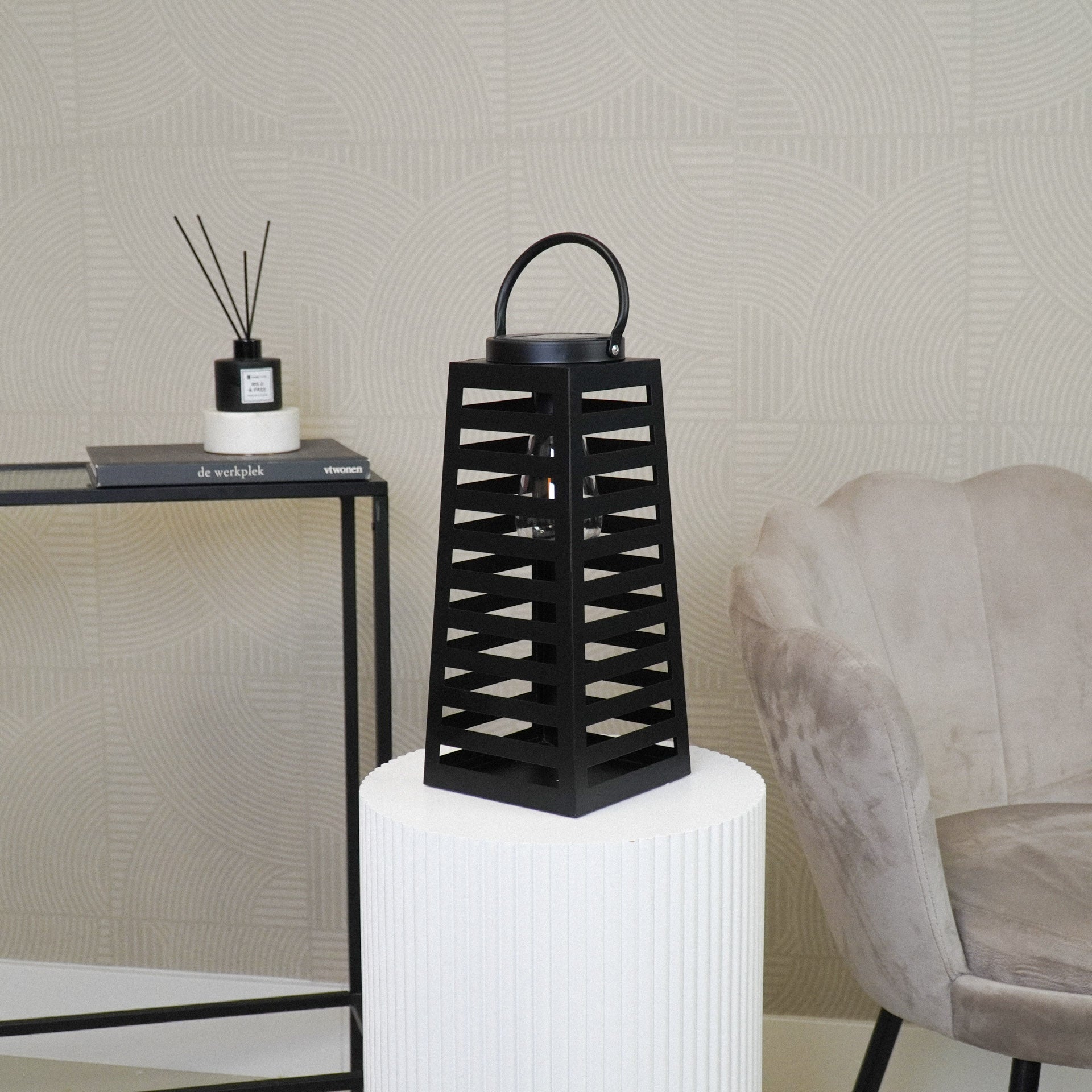 Lamp- Lantaarn/ Windlicht - Solar - Metaal - Zwart - 14x14x32,5cm