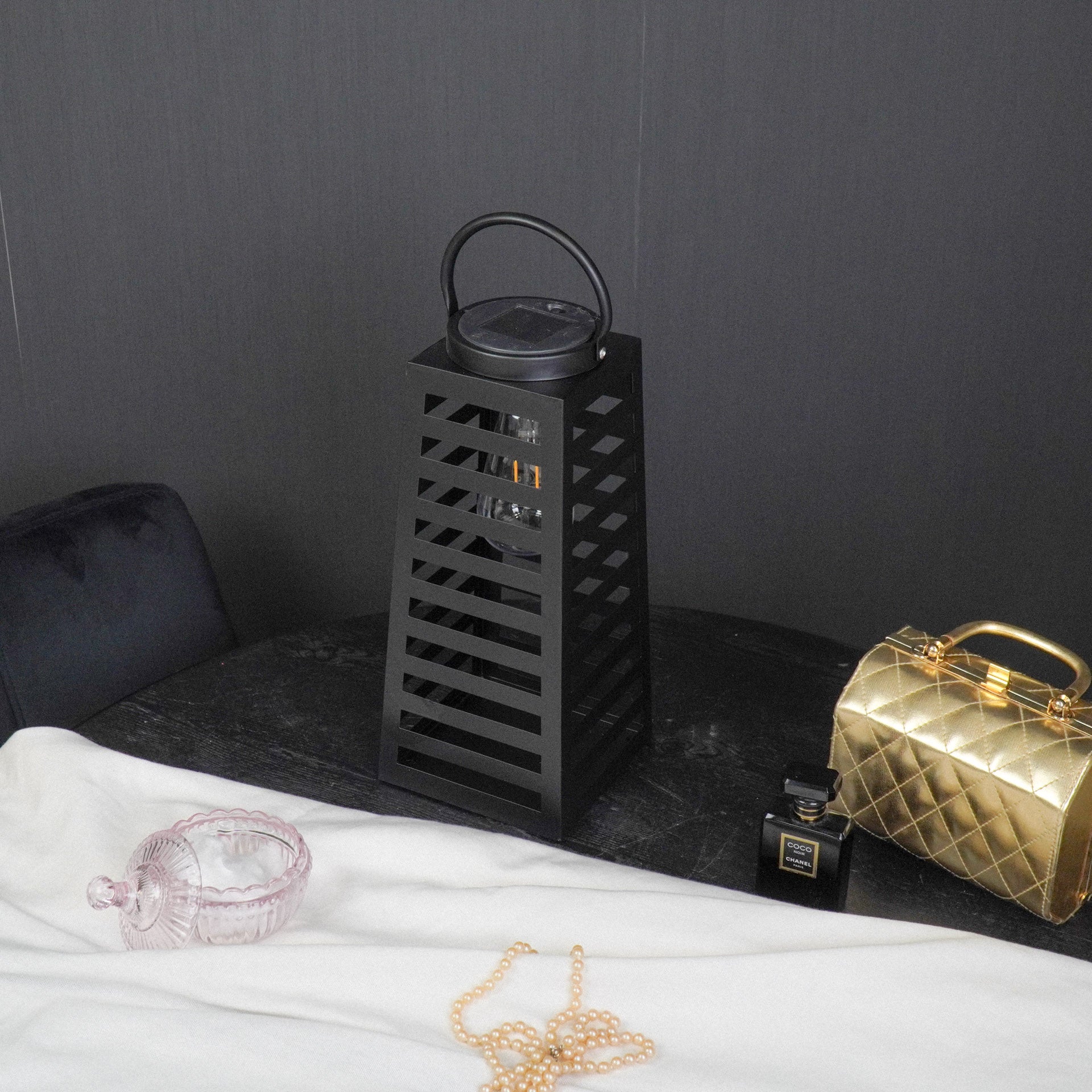 Lamp- Lantaarn/ Windlicht - Solar - Metaal - Zwart - 14x14x32,5cm