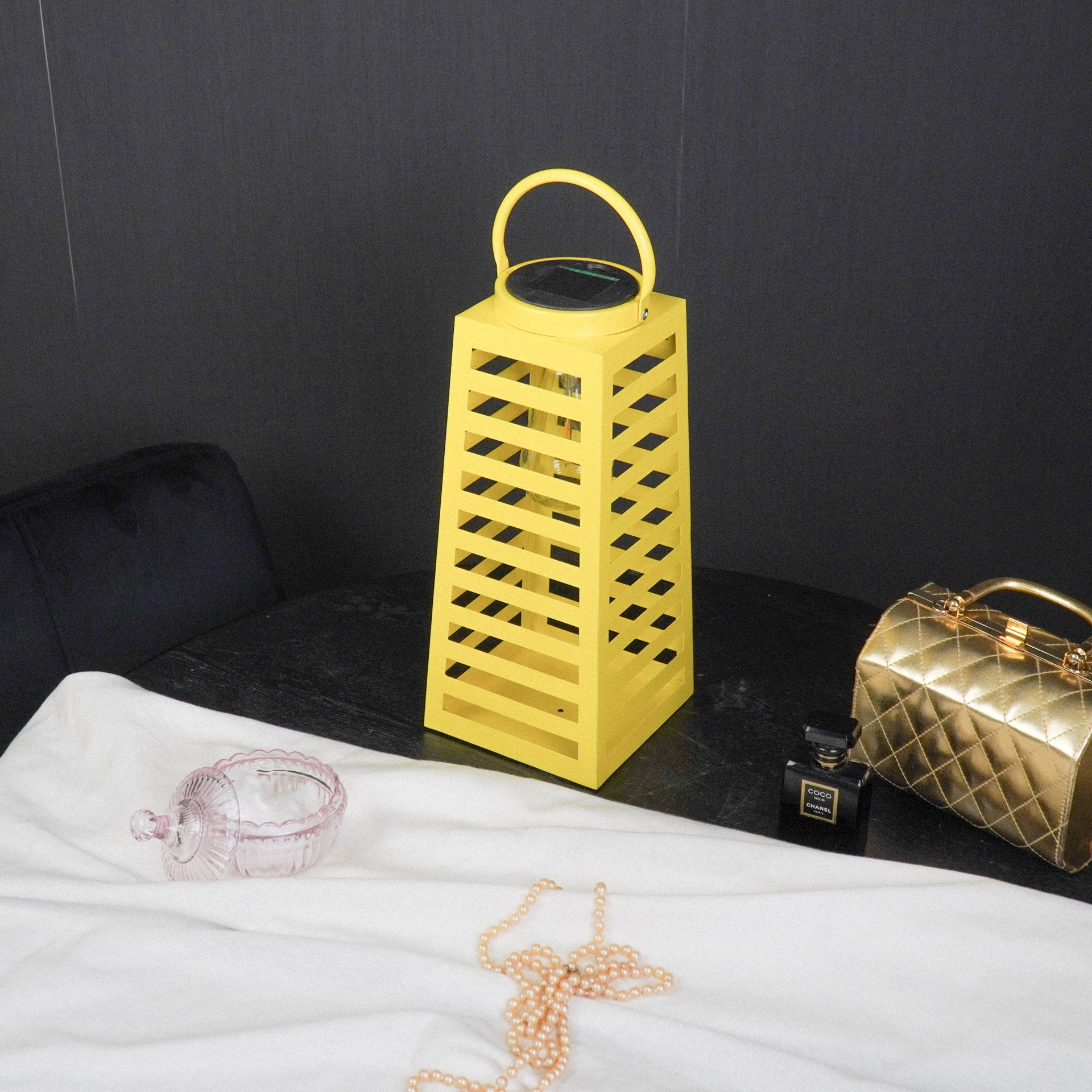 Lamp- Lantaarn/ Windlicht - Solar - Metaal - Neon Geel - 14x14x32,5cm