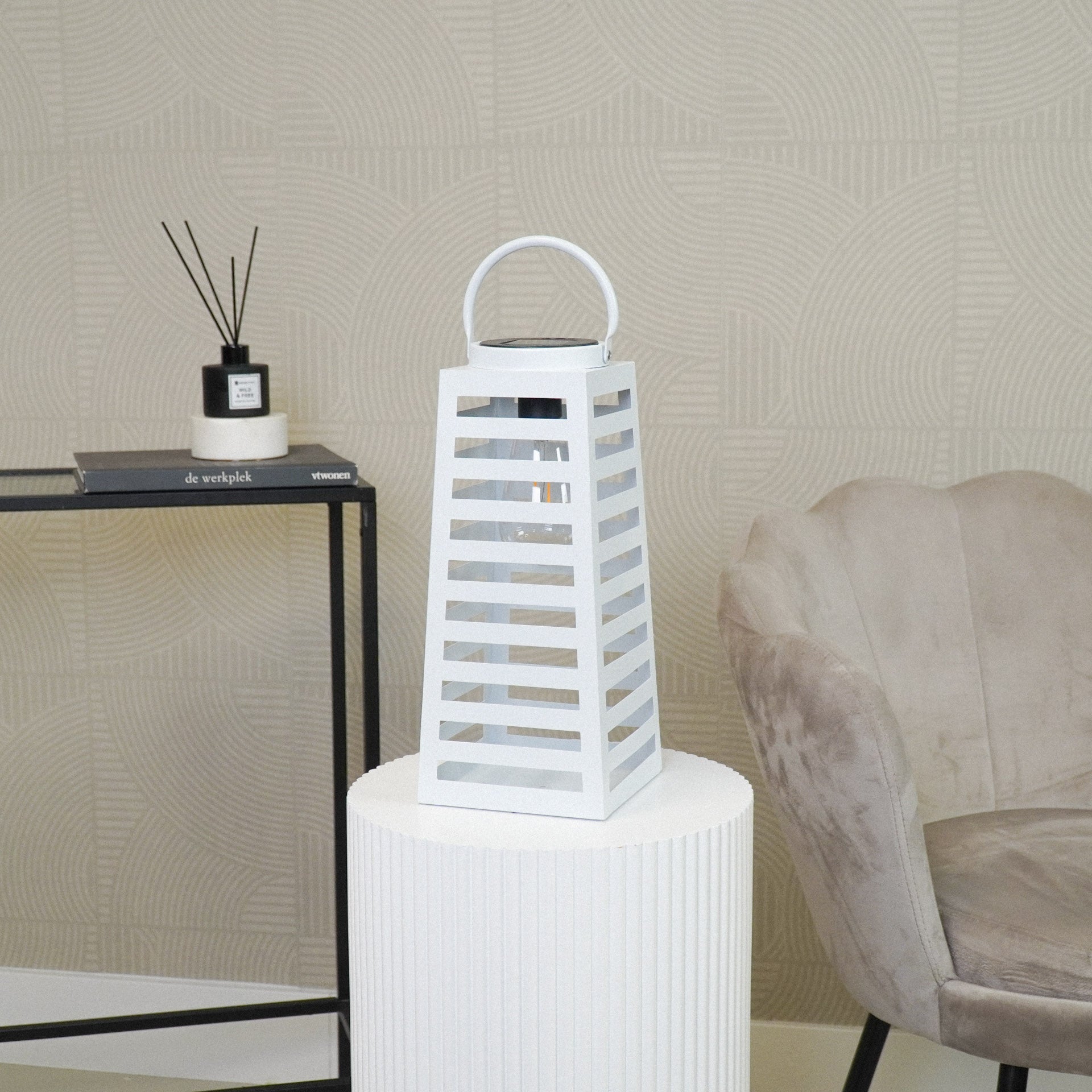 Lamp- Lantaarn/Windlicht - Solar - Metaal - Wit - 14x14x32,5cm