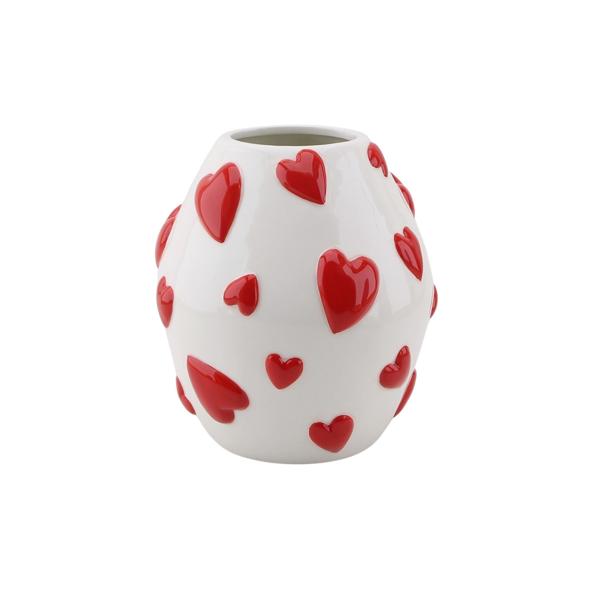 Vaas - Bloemenvaas Hartjes - Dolomiet - Wit /Rood - 16x16x17,5cm