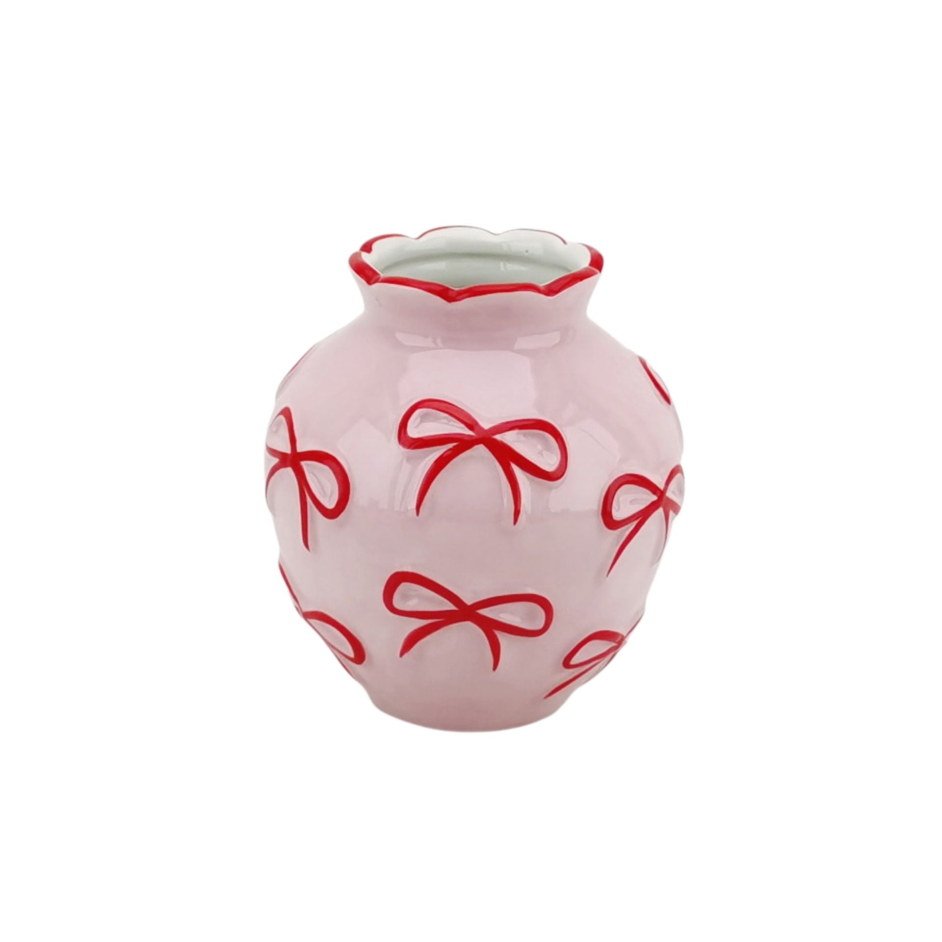Vaas -Bloemenvaas Strikjes - Dolomiet - Licht Roze /Rood - 13x13x14cm