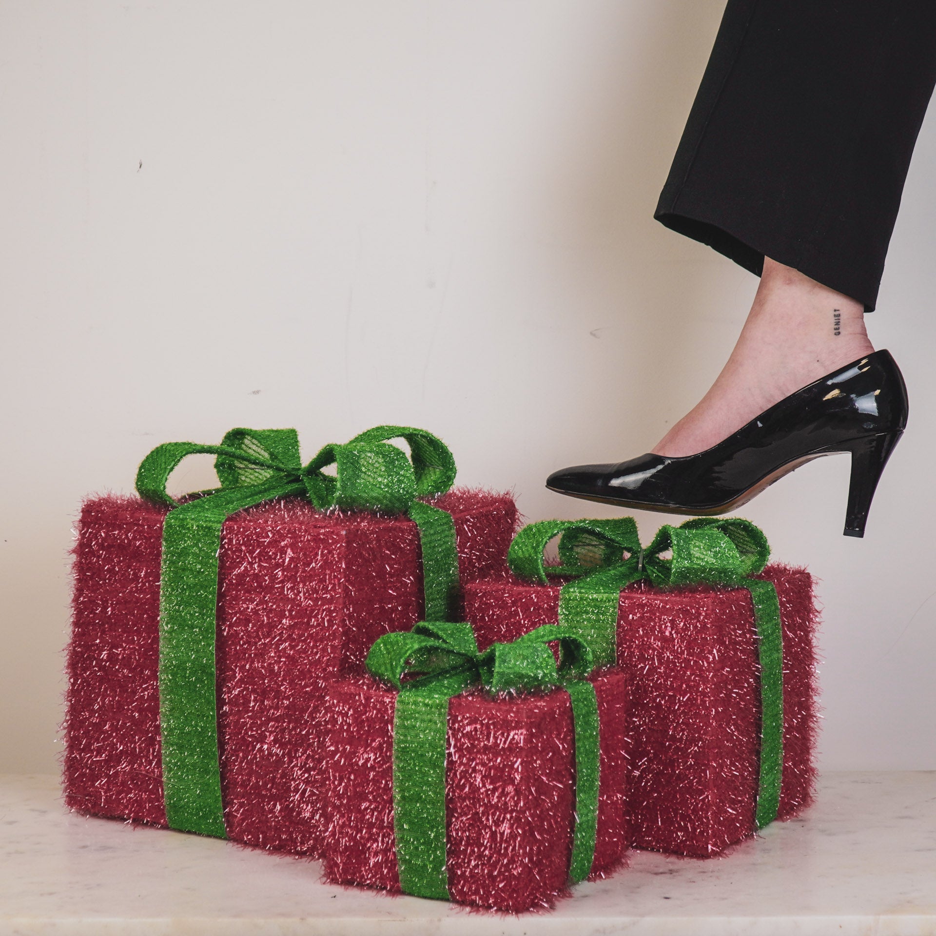 Kerst Led Lamp - Cadeau Set van 3 - Kunststof - Roze/Groen - 15cm/20cm/25cm