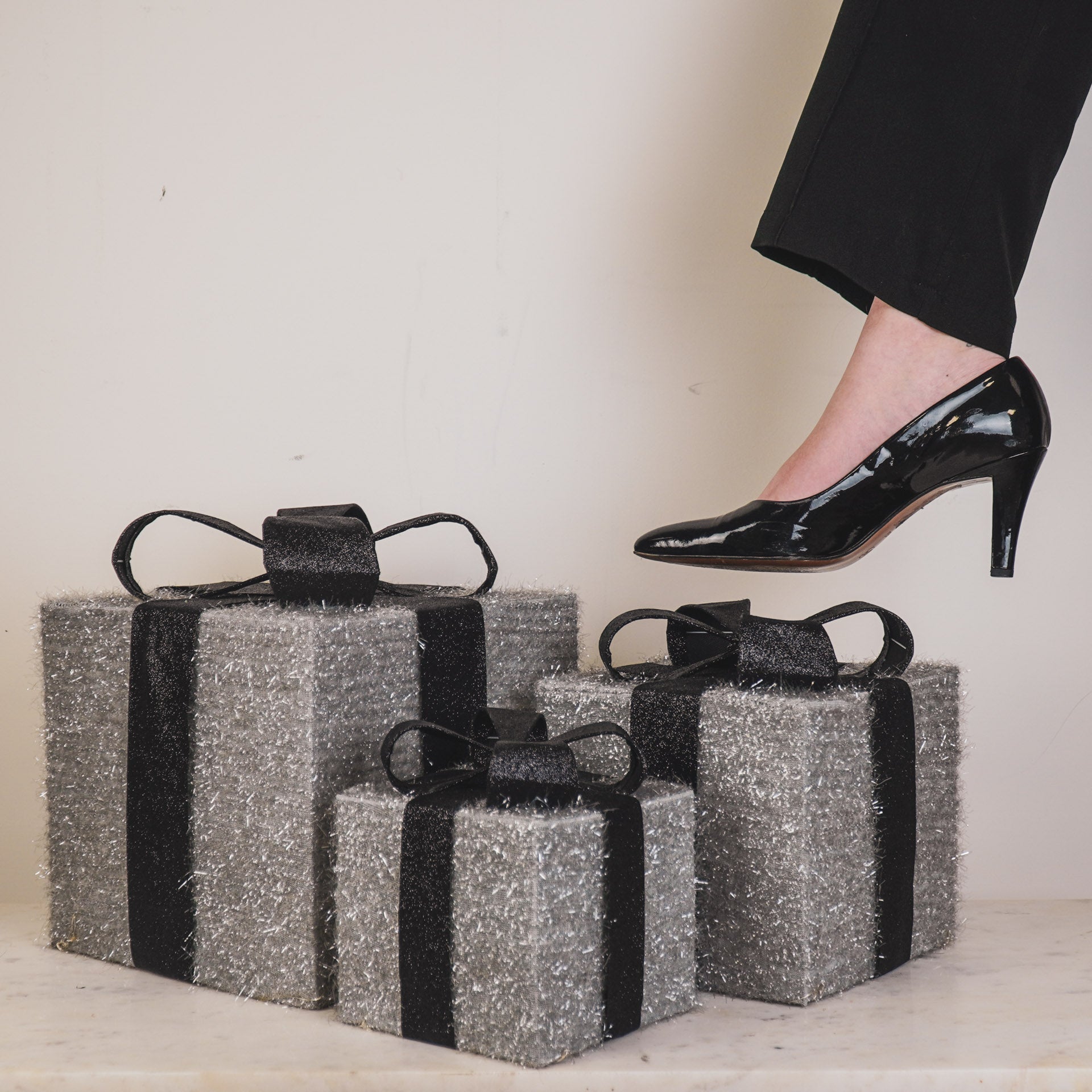 Kerst Led Lamp - Cadeau Set van 3 - Kunststof - Zilver/Zwart - 15cm/20cm/25cm