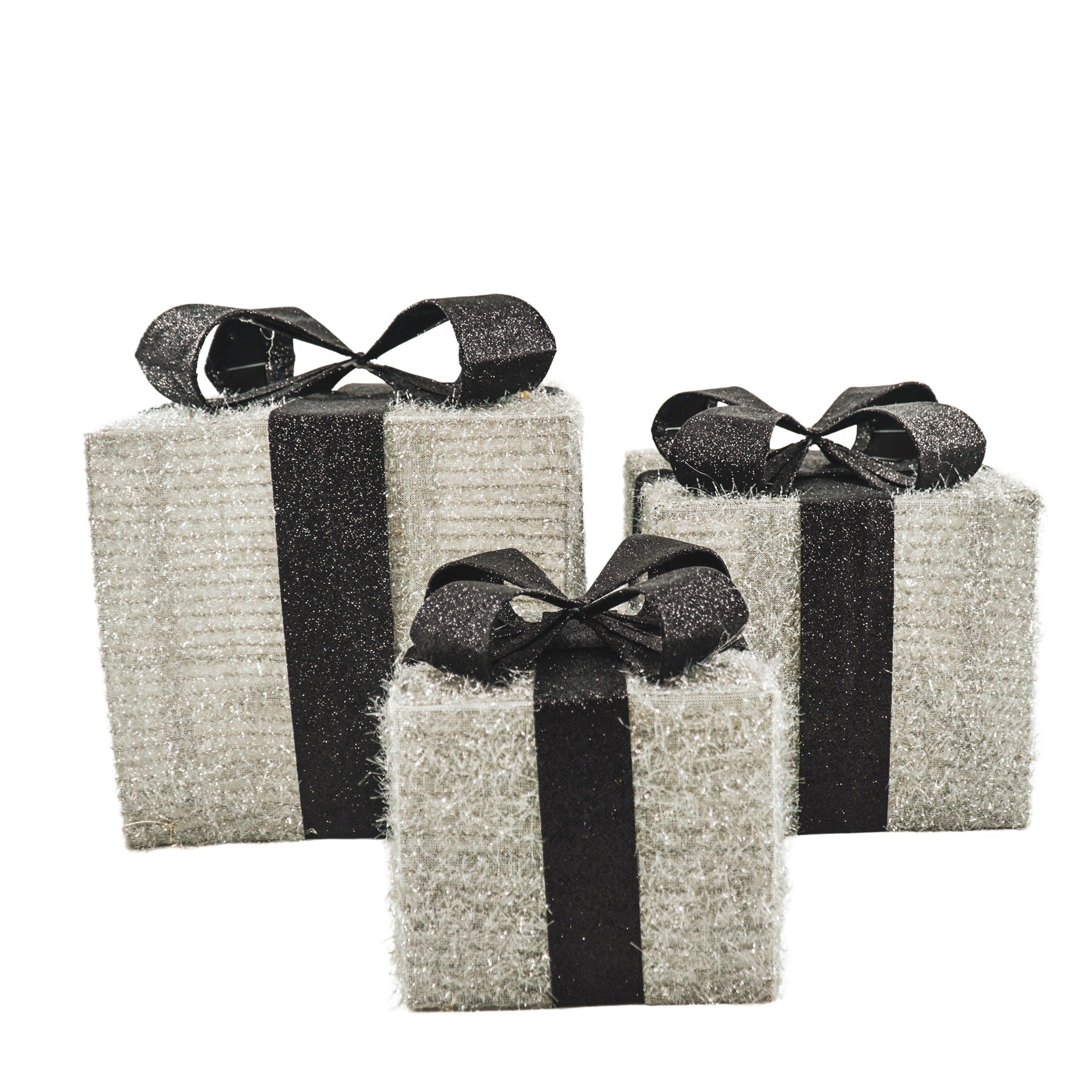 Kerst Led Lamp - Cadeau Set van 3 - Kunststof - Zilver/Zwart - 15cm/20cm/25cm