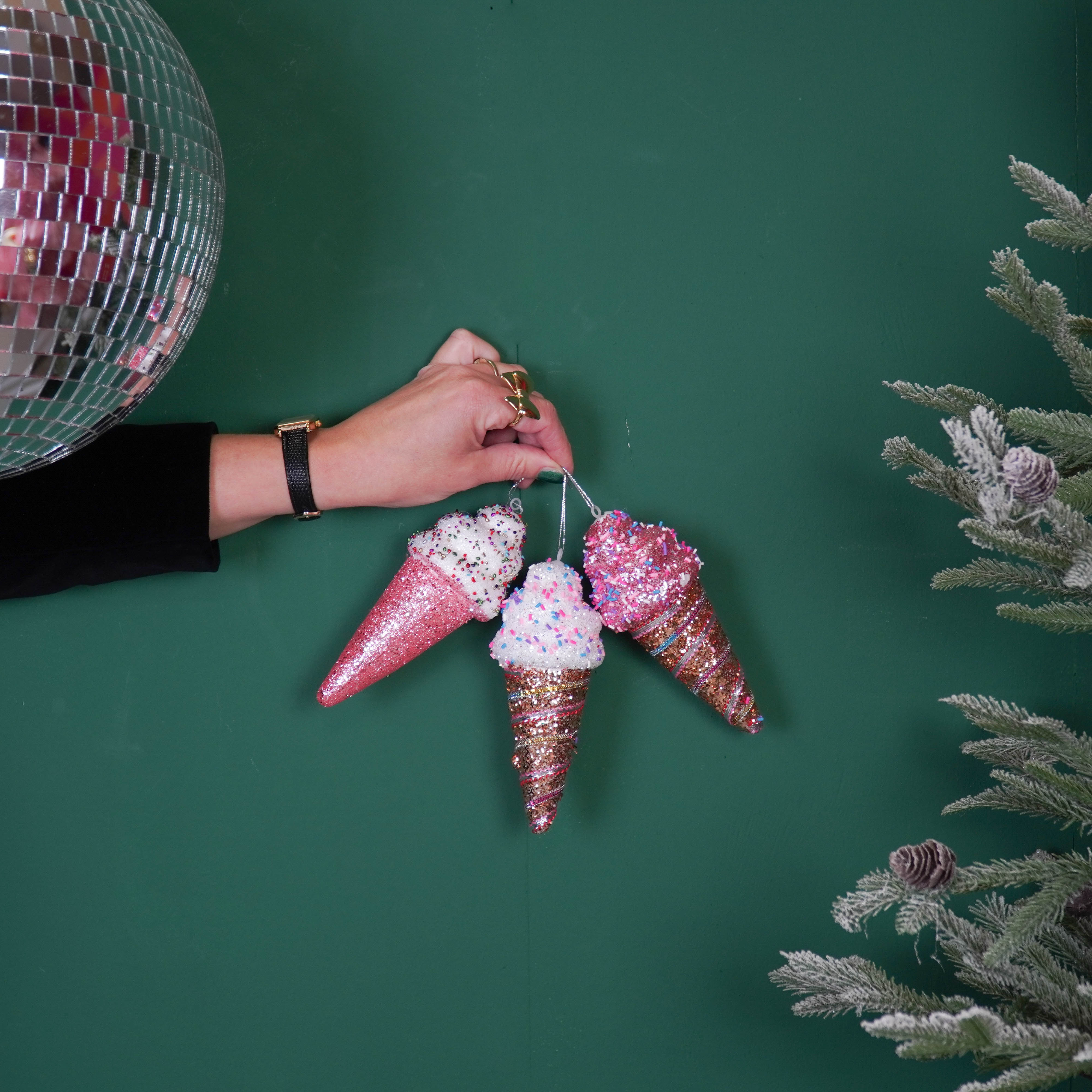 Kersthangers - Ijsjes met Discobal Dip - Set van 3 - Roze - 8x7x15cm