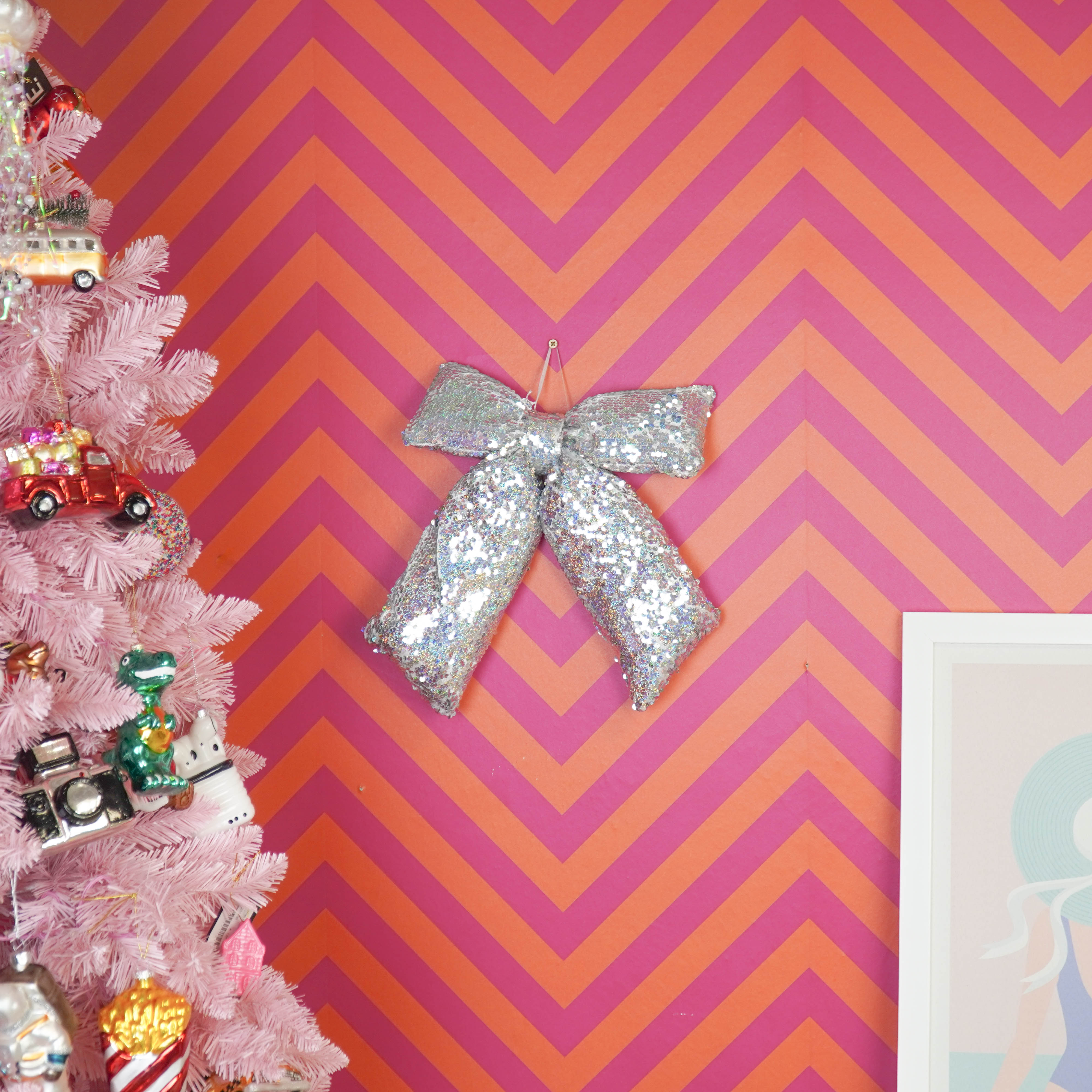 Kerst Decoratie - Strik - Zilver - Pailletten Stof - 32x40cm