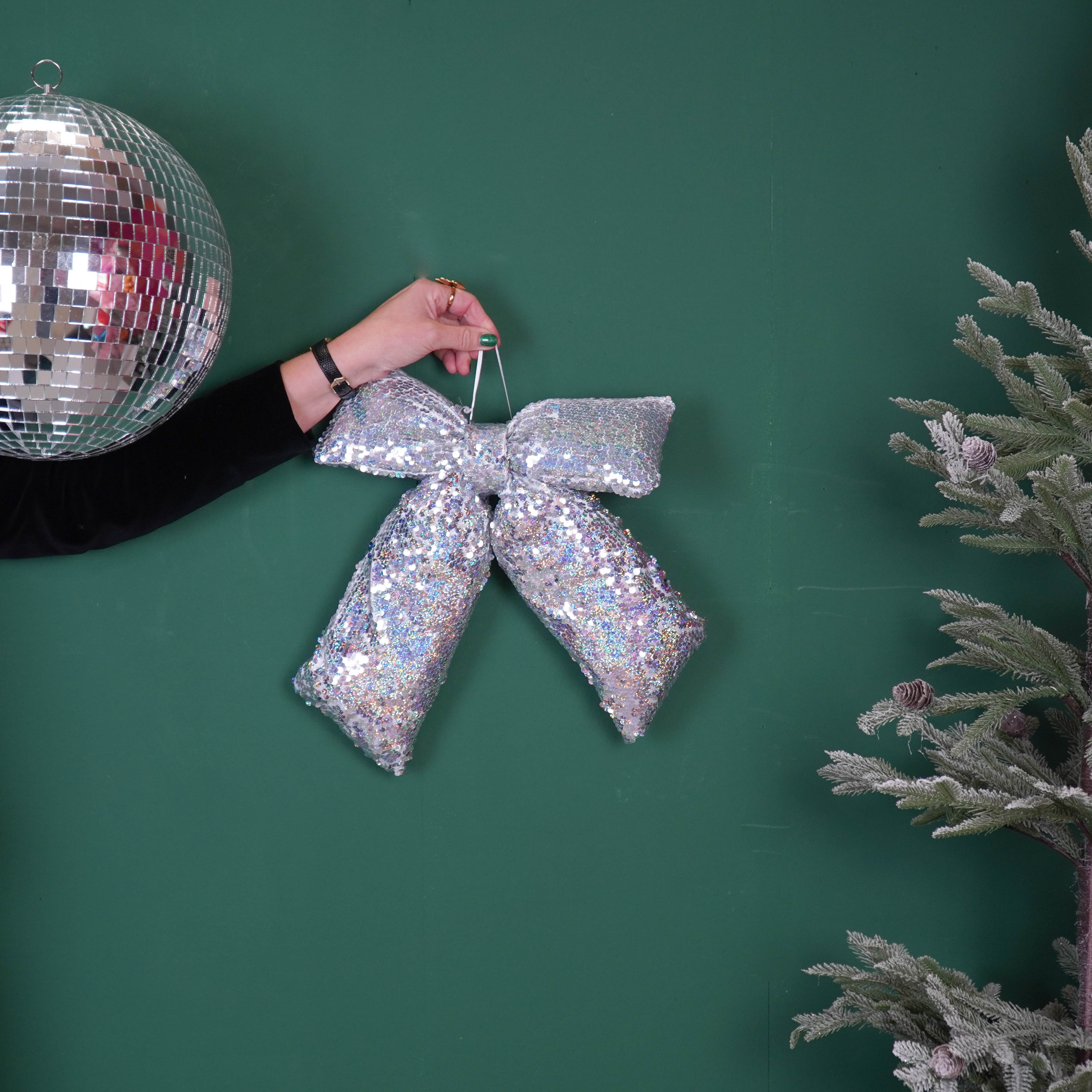 Kerst Decoratie - Strik - Zilver - Pailletten Stof - 32x40cm