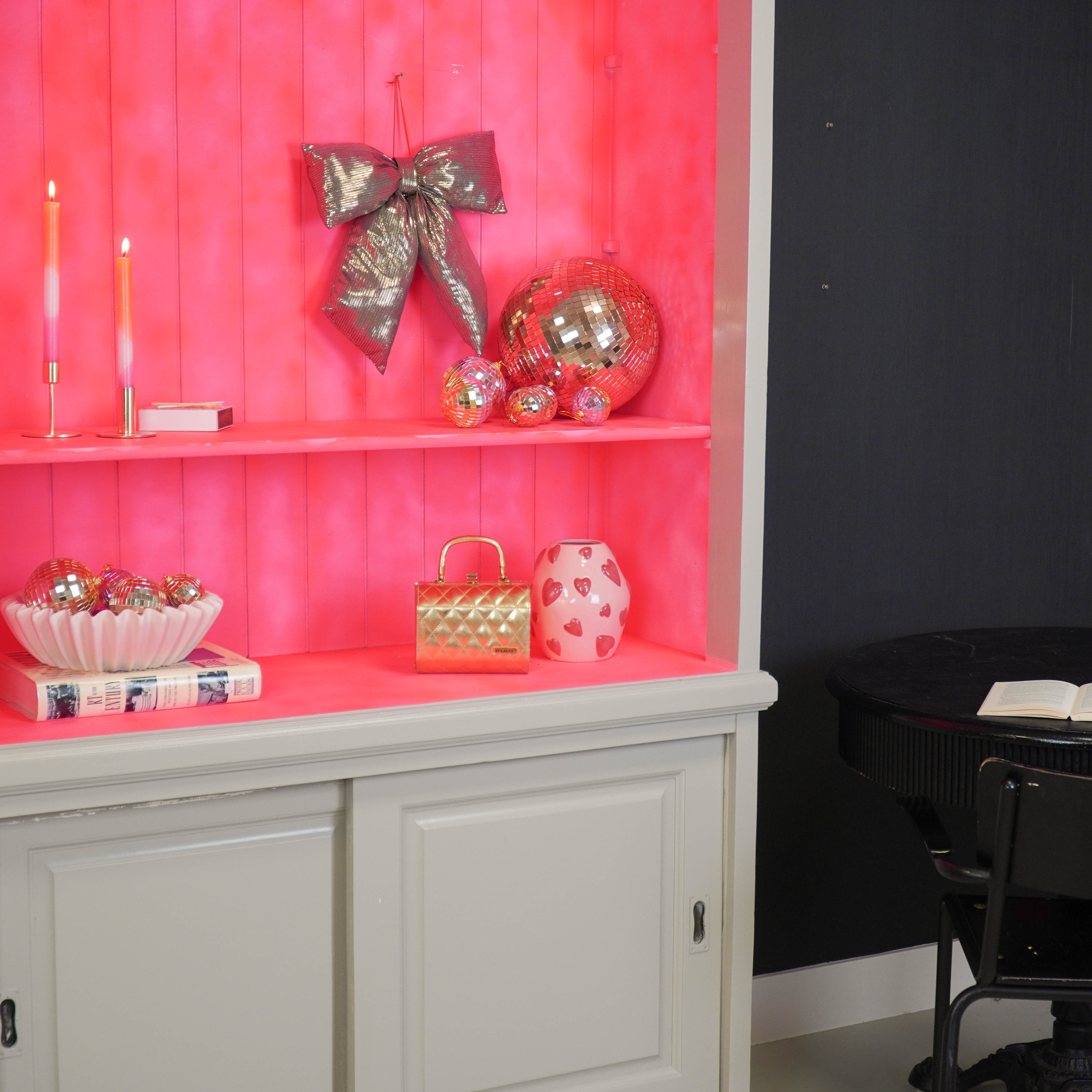 Kerst Decoratie - Strik - Zwart/Goud - Stof - 32x40cm