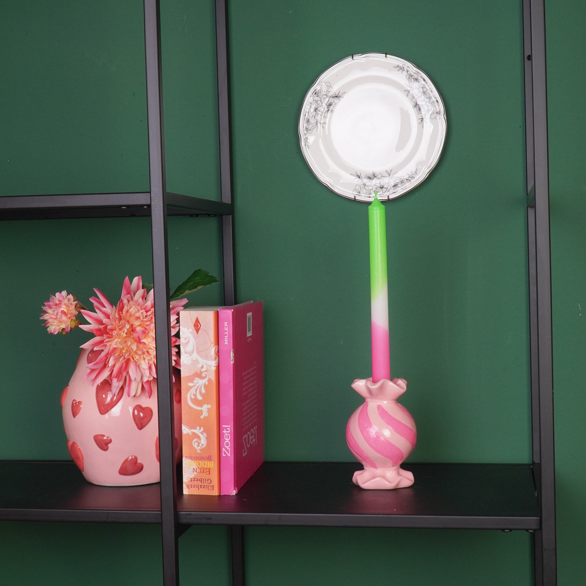Kandelaar-Rond Toffee Snoepje Kaarshouder- Keramiek-Roze/ Neon-8,5x8,5x13 cm