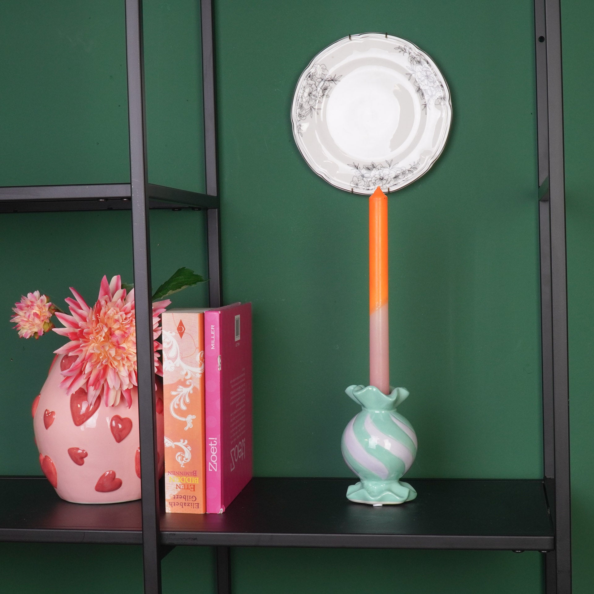 Kandelaar-Rond Toffee Snoepje Kaarshouder- Keramiek-Roze/ Neon-8,5x8,5x13 cm