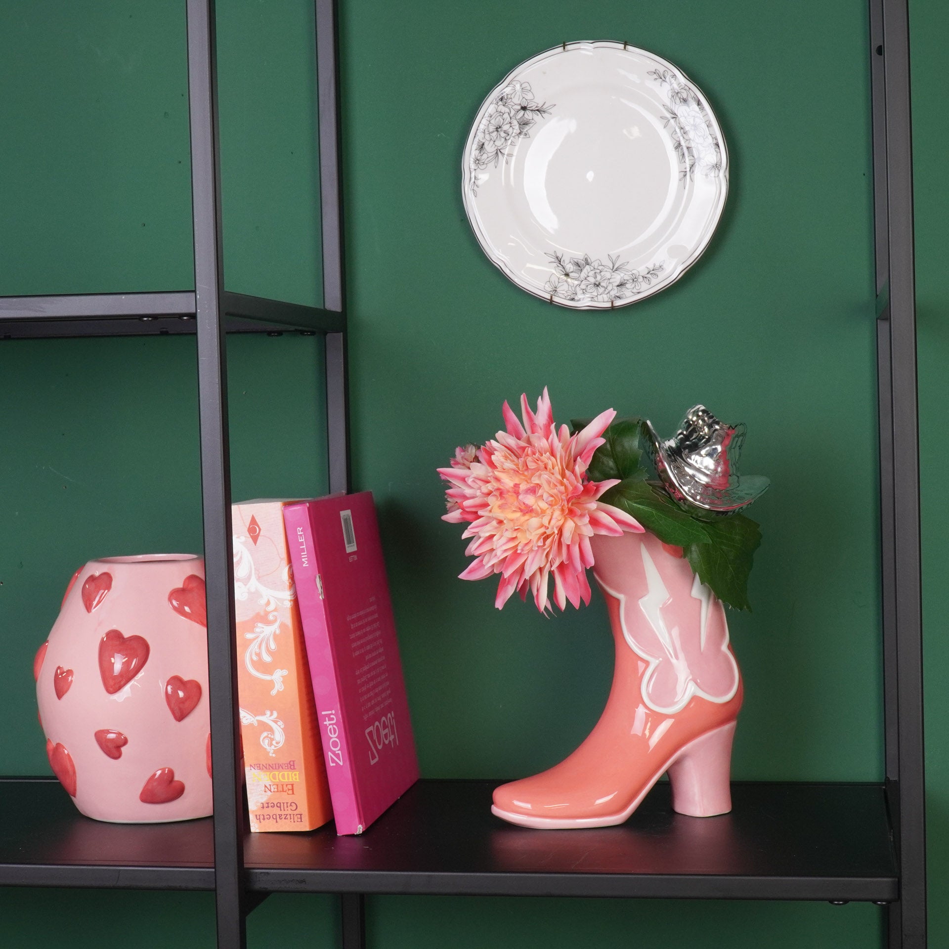 Bloemenvaas- Laars met Disco Hoed Vaas- Keramiek-Roze/Oranje- 16,5x10.5x26,5cm