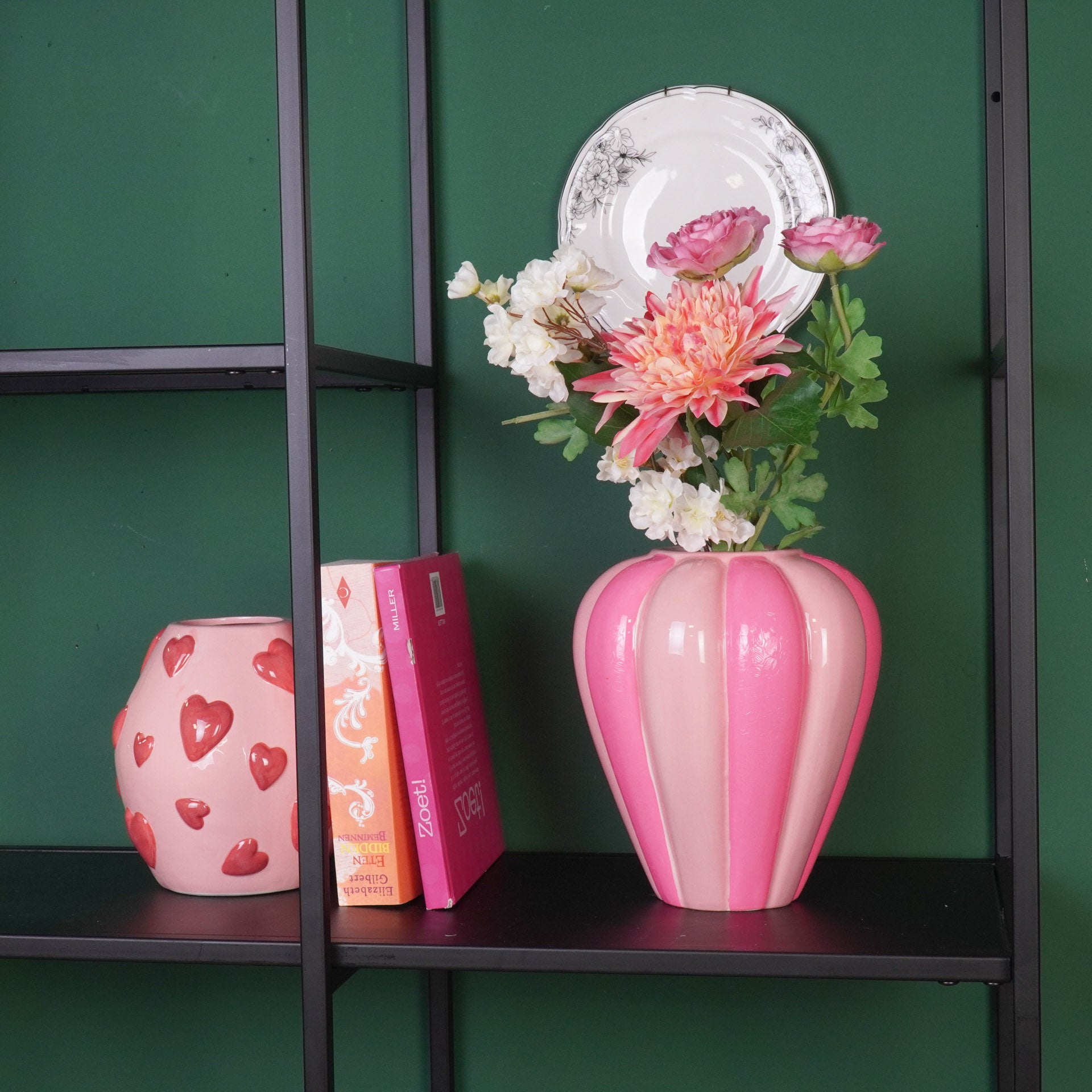 Bloemenvaas- Geplooide Vaas - Keramiek- Fluor Roze/ Lichtroze- 19x19x22,5 cm