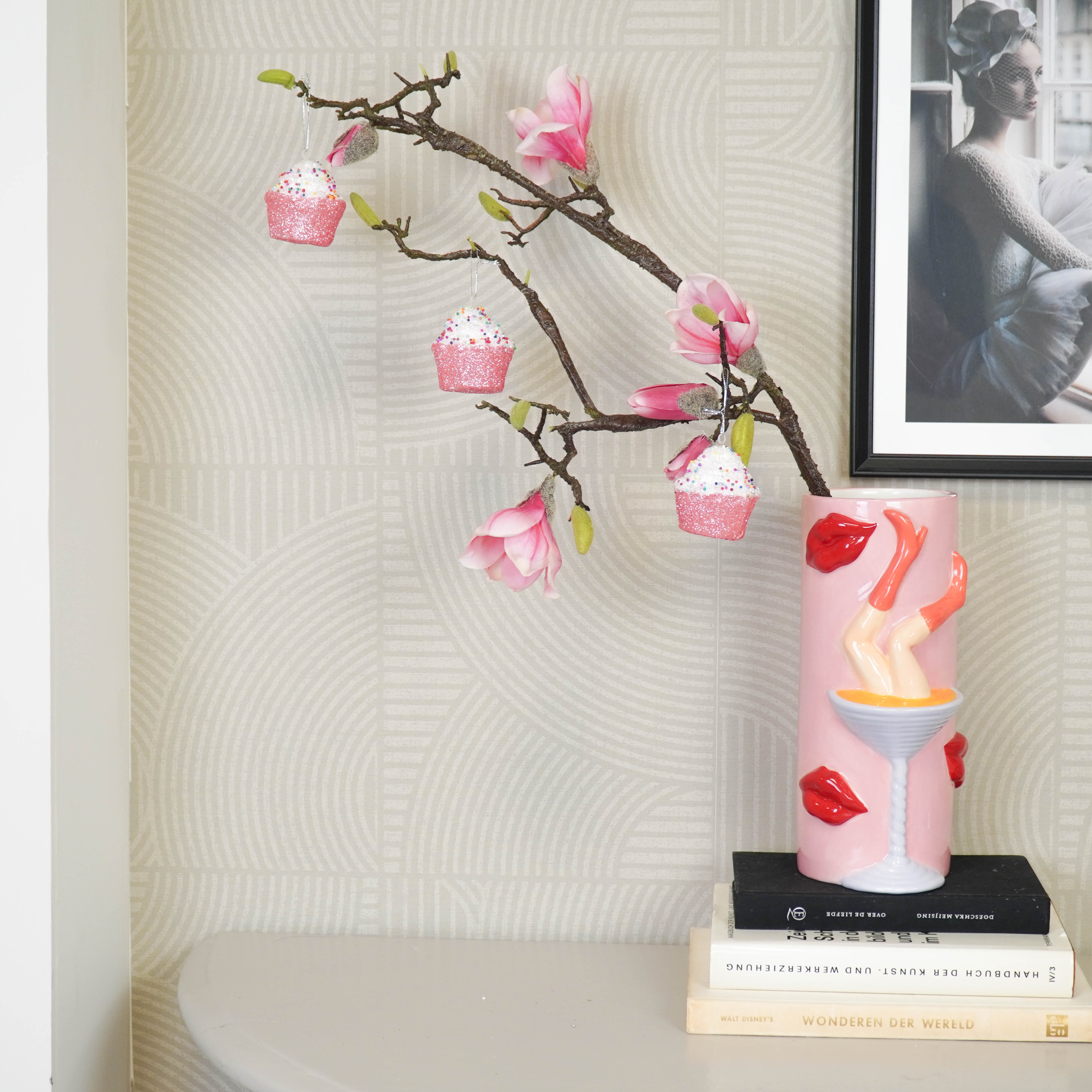 Kersthangers - Cupcakes met Discobal Dip - Set van 3 - Roze/Wit - 8x4x7cm