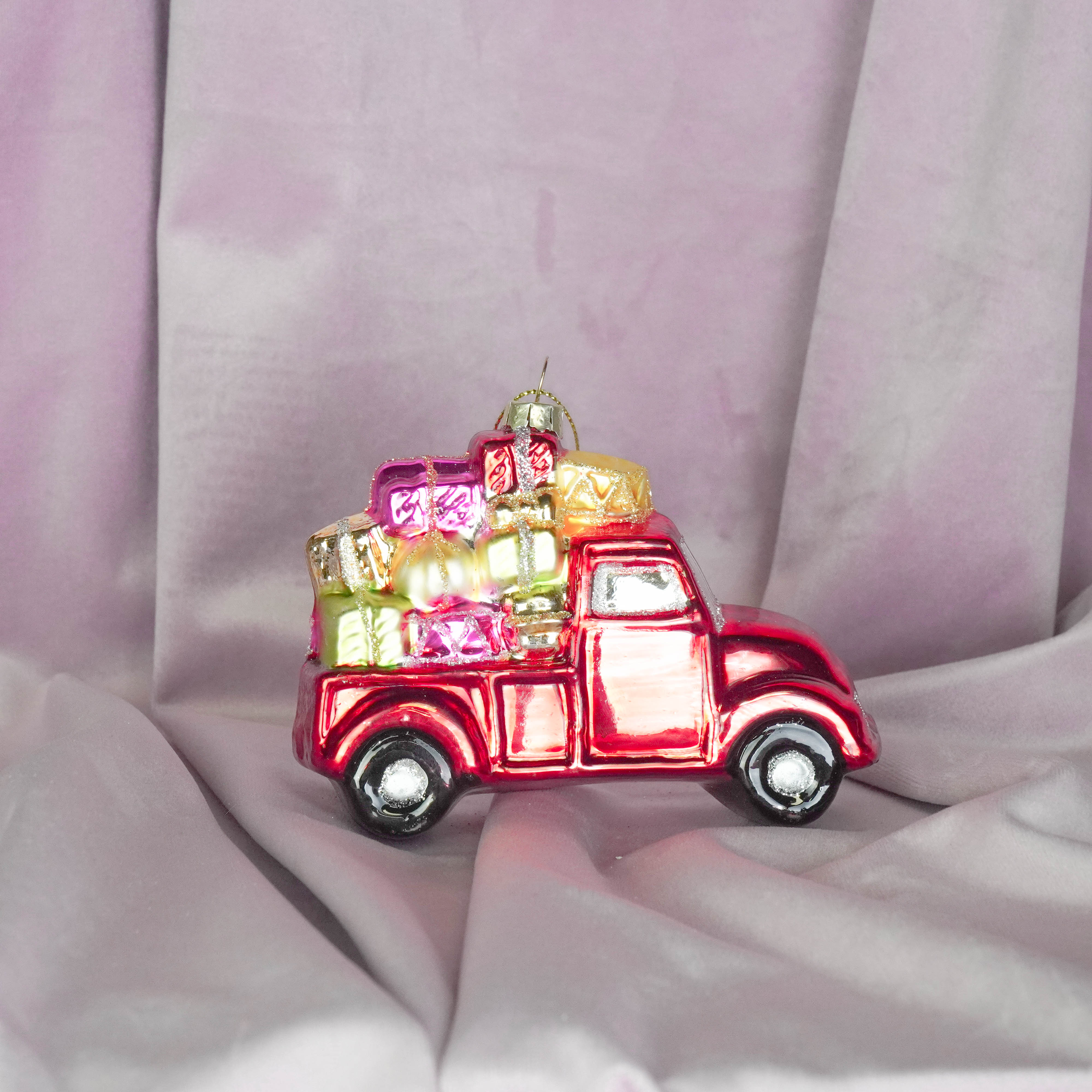 Kerstversiering - Kersthanger - Cadeau Auto - Rood - Glas - 12x5x8,5cm