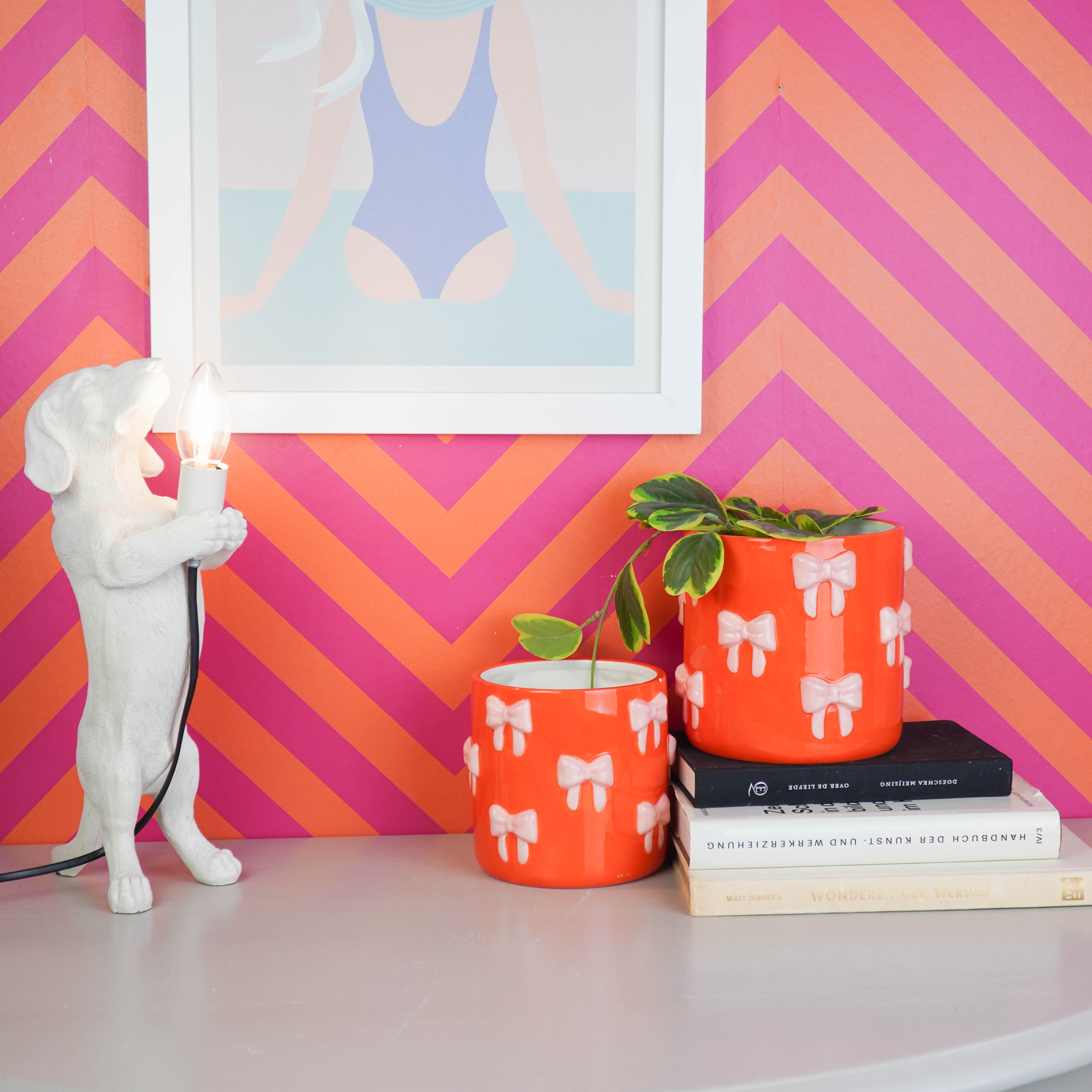 Pot - Planten Pot Strikjes - Dolomiet - Oranje/ Roze - 15.5x15.5x16 cm