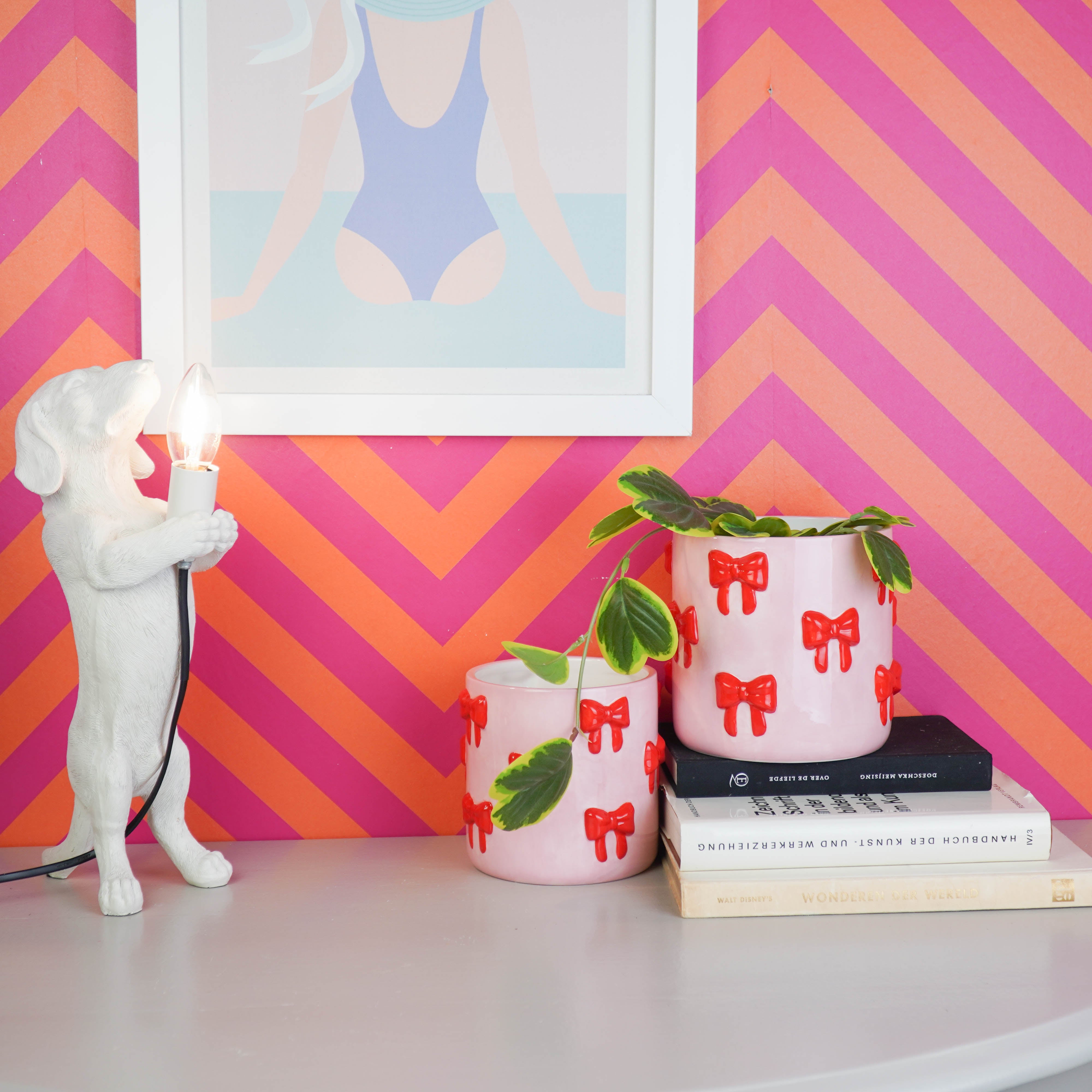 Pot - Planten Pot Strikjes - Dolomiet - Roze/ Rood - 15.5x15.5x16 cm