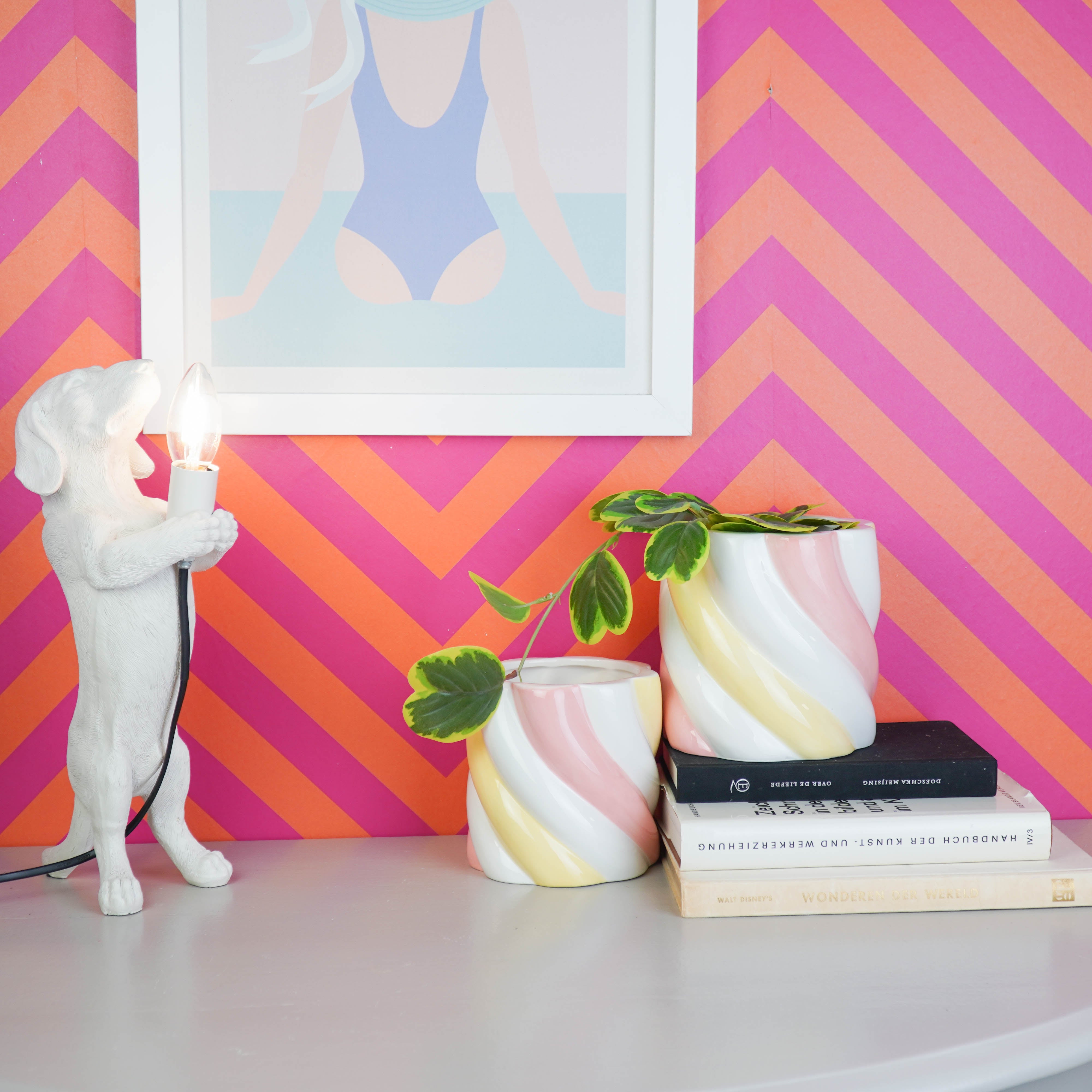 Pot - Planten Pot Kabelspek - Dolomiet - Roze/Wit / Geel - 12.5x12.5x13 cm