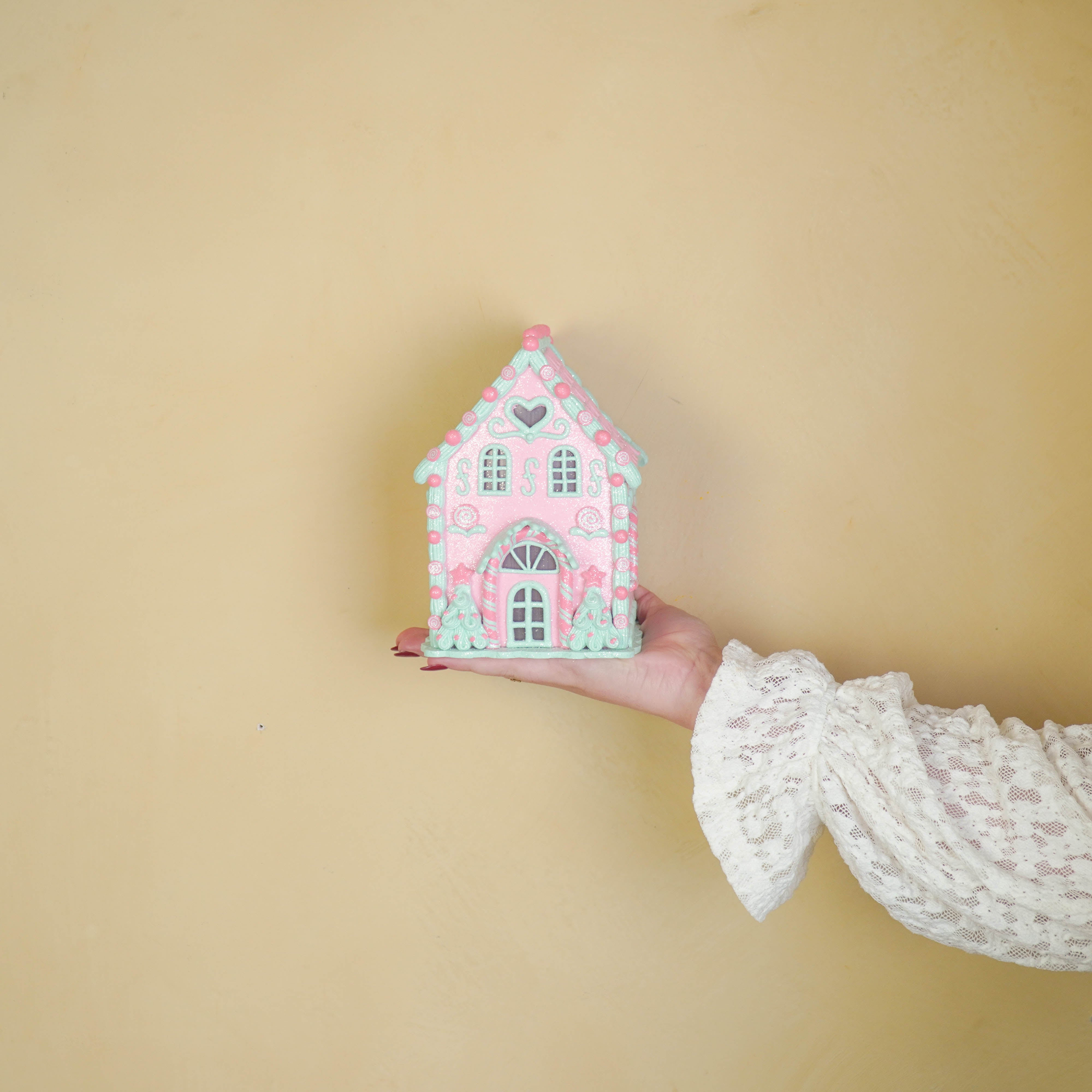 Kerst Decoratie -Led Lamp Snoephuis - Klei - Roze/Mint - 13x18,5 cm