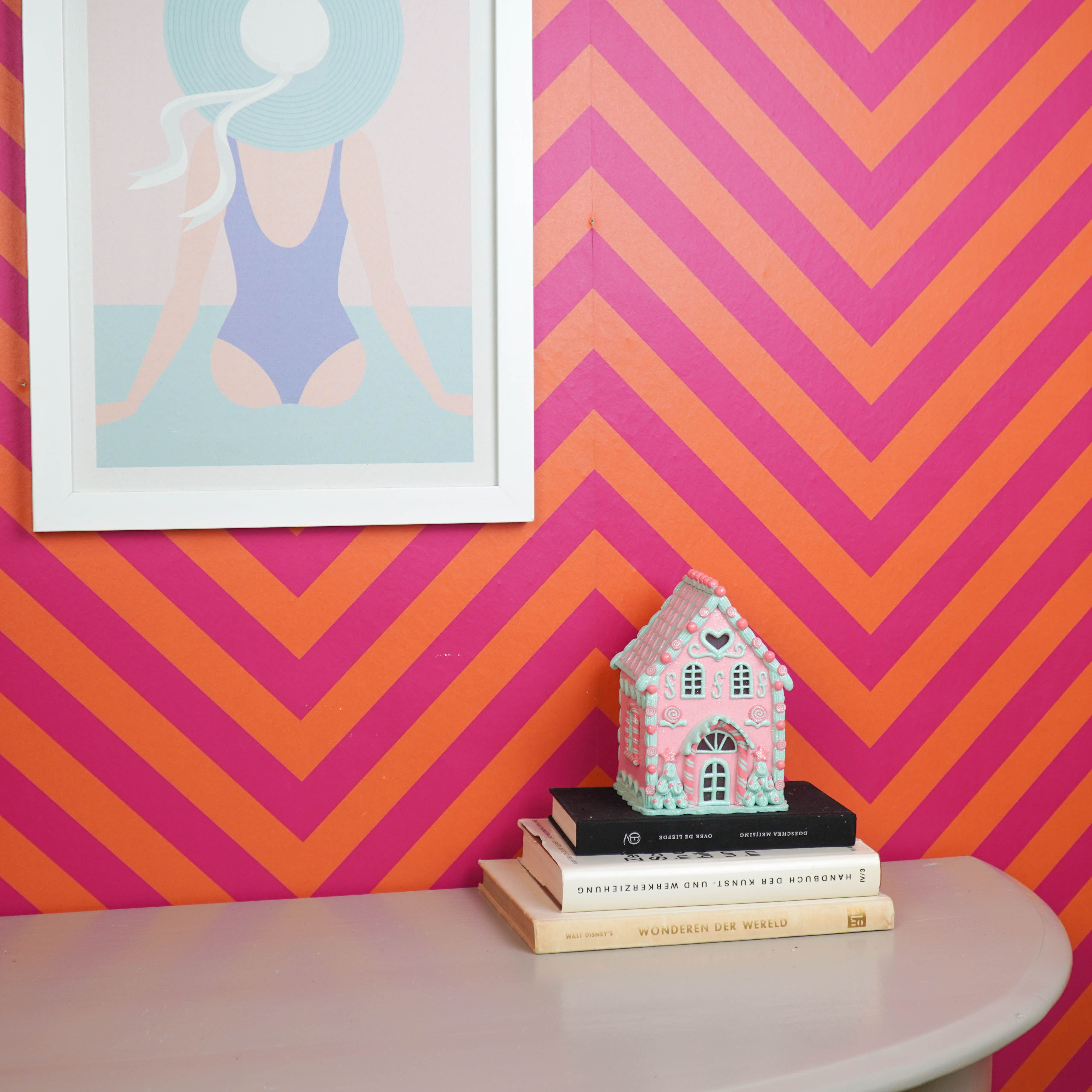 Kerst Decoratie -Led Lamp Snoephuis - Klei - Roze/Mint - 13x18,5 cm